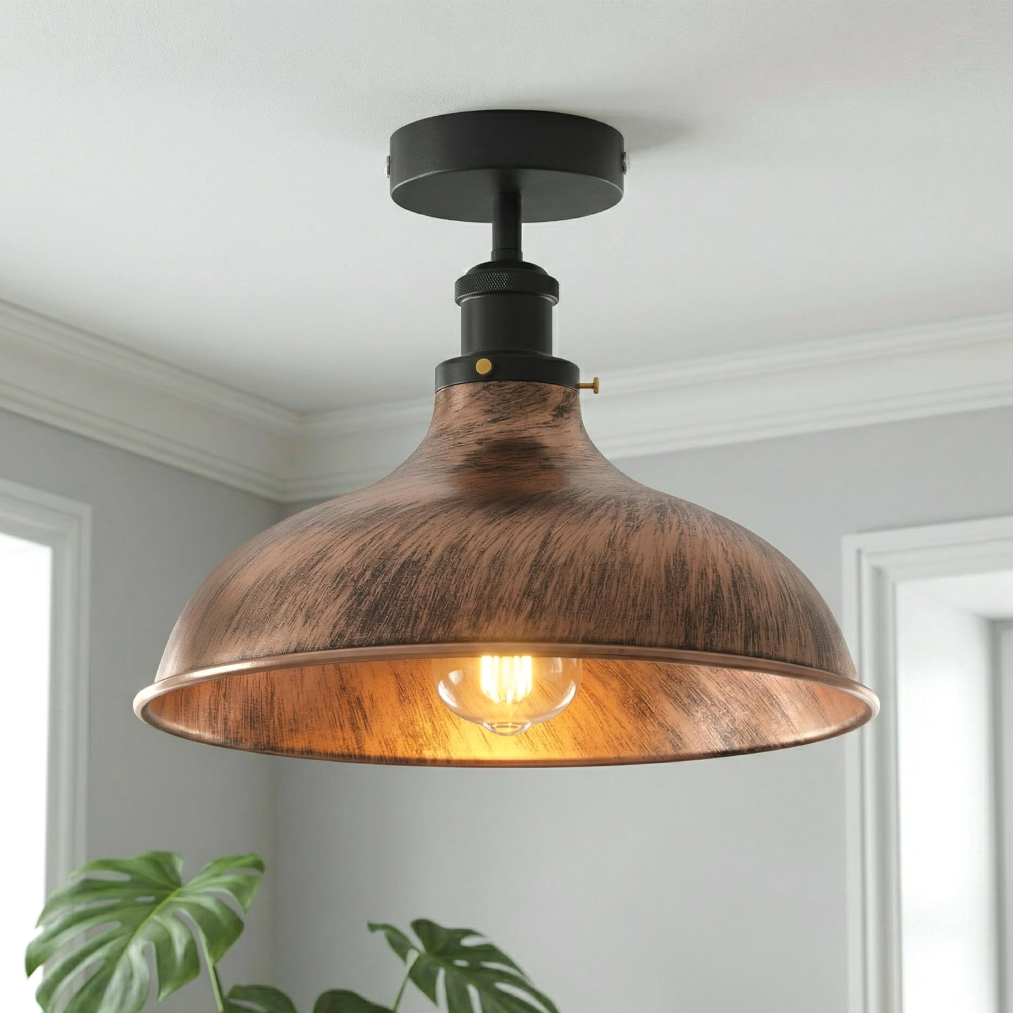 LEDSone Vintage Flush Mount Metal E27 36cm Brushed Copper Shade Semi-Flush Fitting Light for Living Room Kitchen Bedroom Dining Room Office Without Bulb