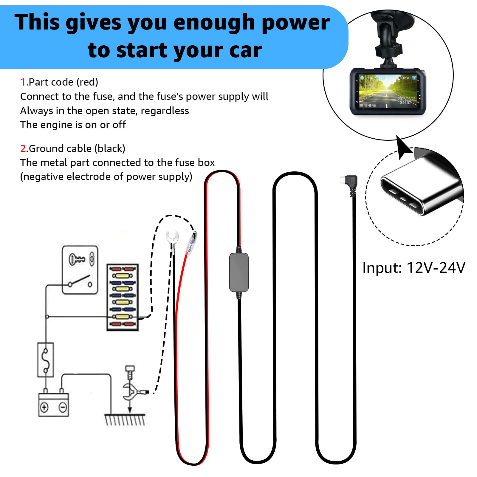 Zestaw do kamery samochodowej z twardym przewodem USB C, 12 V-24 V do 5 V, przewód zasilający kamery samochodowej, 24 godziny nadzoru, ochrona przed niskim napięciem, 4 kable bezpiecznikowe, 30