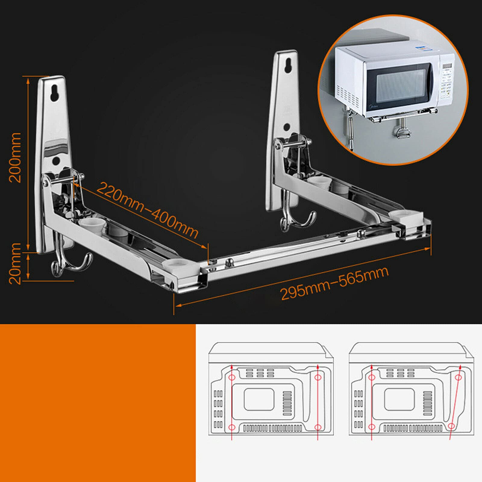 Soporte para microondas, soporte de pared para microondas, de acero inoxidable, con barras transversales, plegable, para microondas