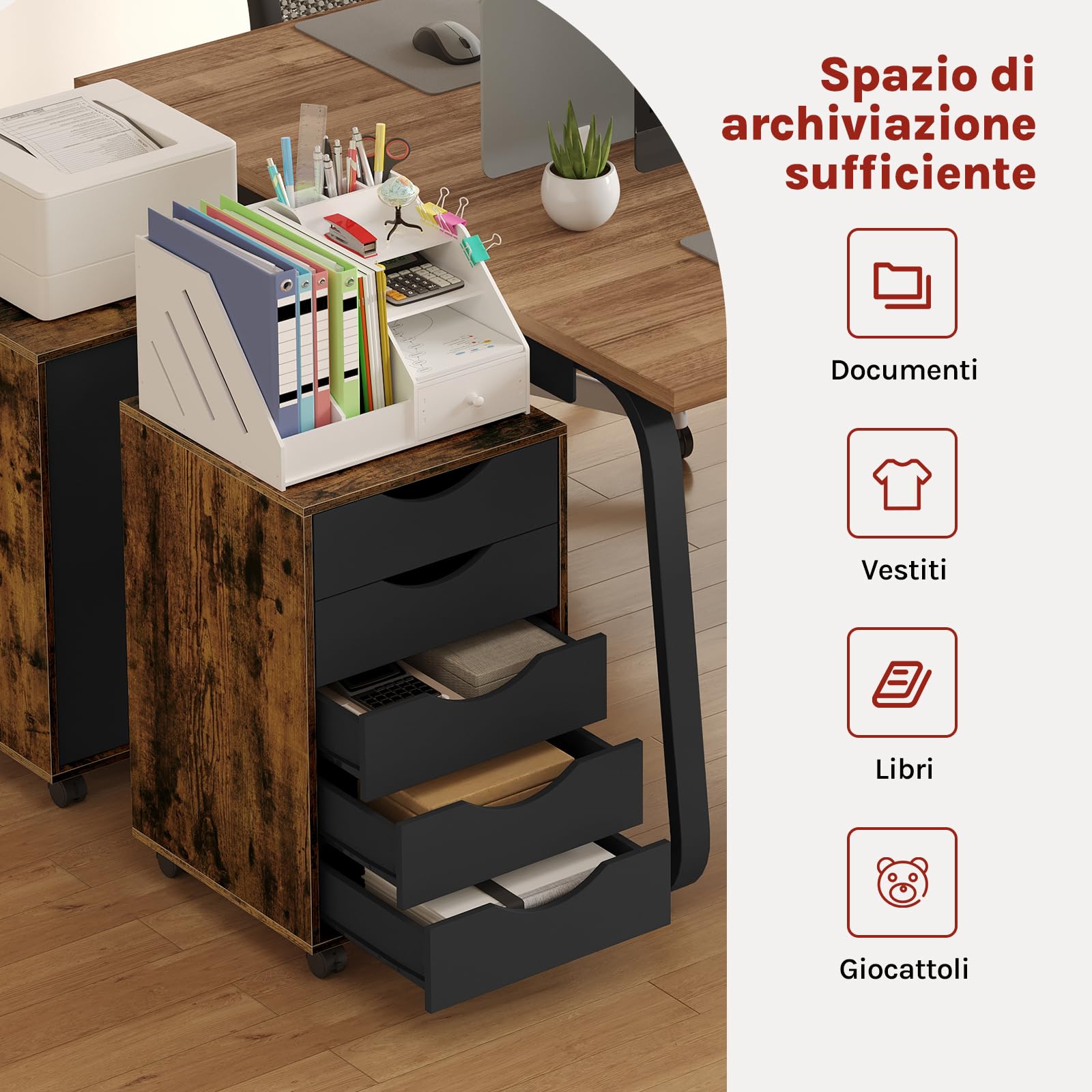 WOLTU Scrivania a Piedistallo con 5 Cassetti, Schedario Rotante, Comodino, Mobile per Ufficio, Camera da Letto, in Legno Ingegnerizzato PB, Marrone Rustico, 40x40x66,5cm