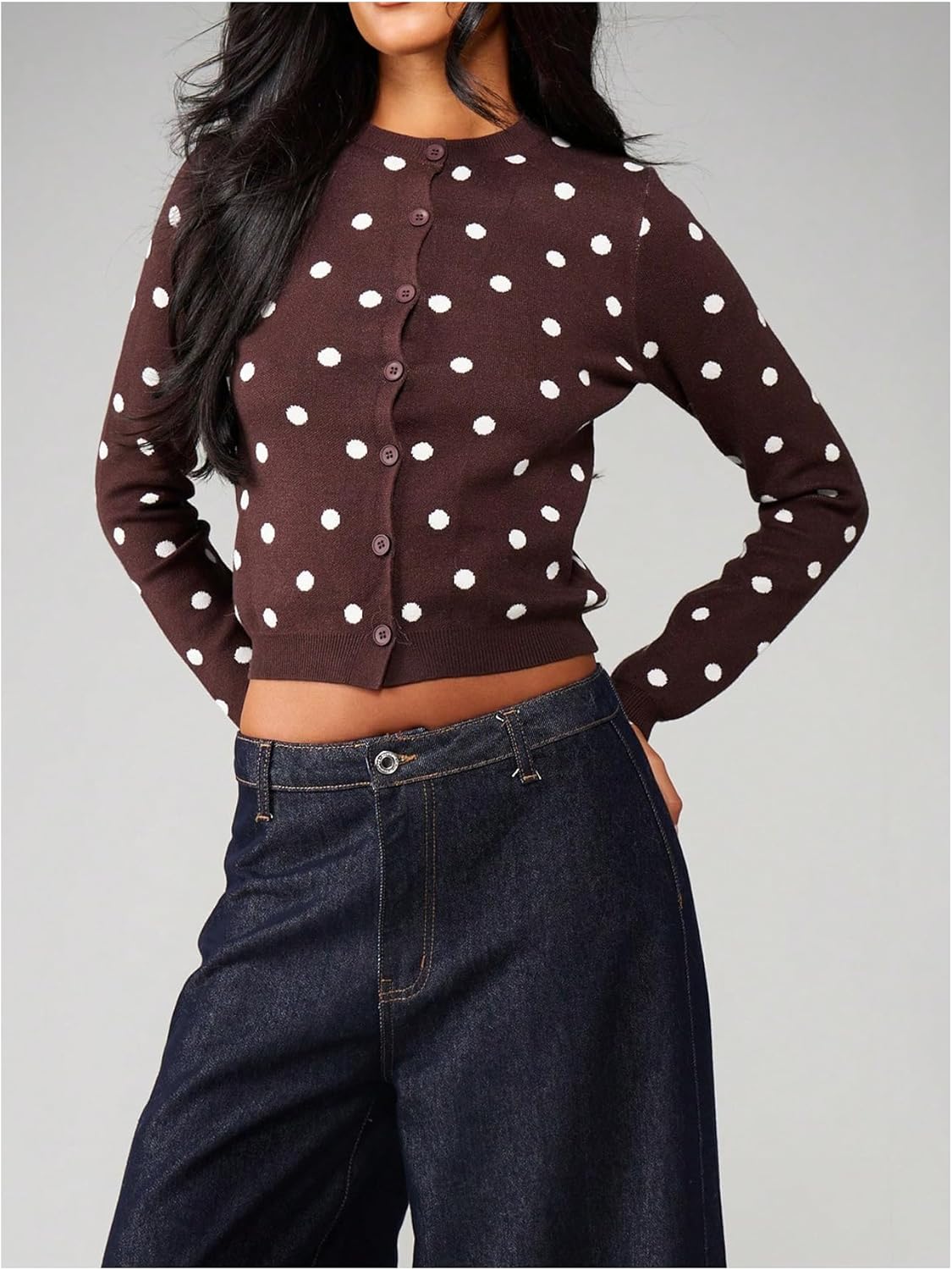 Milumia Women's Polka Dots Button Up Cardigan Sweater Crewneck Long Sleeve Knit Y2k Crop Tops - Image 5