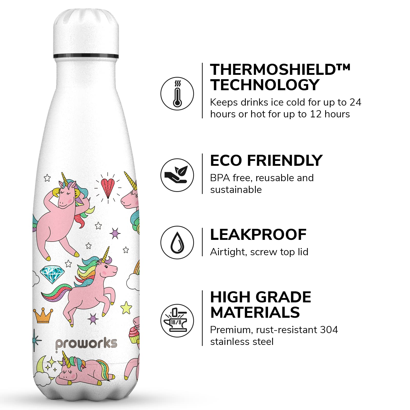 Unicorn Water Bottle 500ml - Proworks Stainless Steel Insulated Water Bottle, Unicorn - White, 500 ml - Image 3
