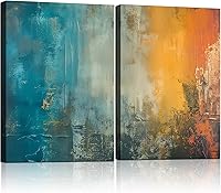 MochamillyWallArt Set of 2 Framed 12x16 Inch Blue Orange Abstract Canvas Wall Art Prints - Modern Decor for Bedroom Office Living Room