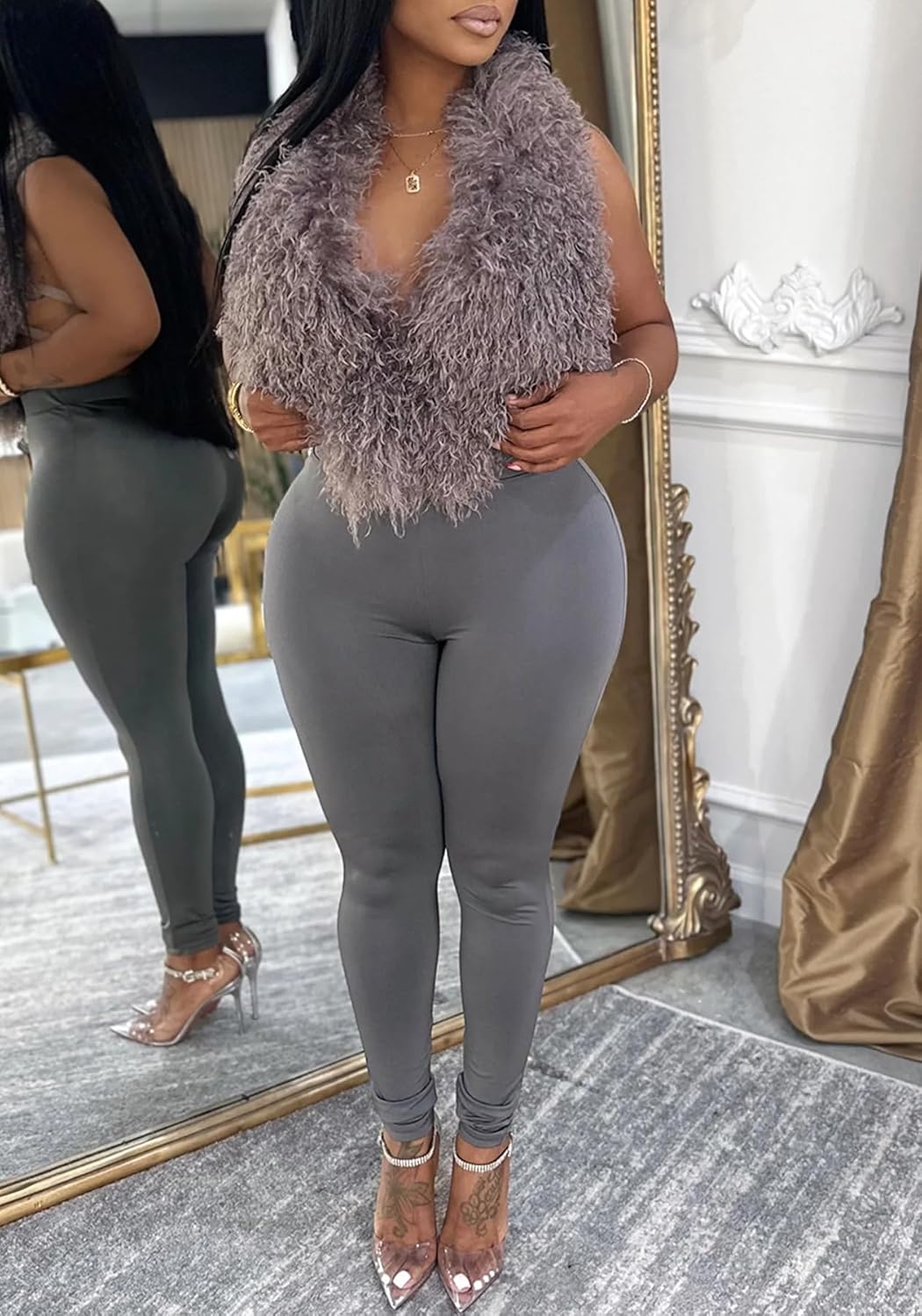 Ecirod Women’s Sexy 2 Piece Outfits Fluffy Backless Fur Feather Halter Crop Tops Satin Pants Sets Club Party Night - Image 6