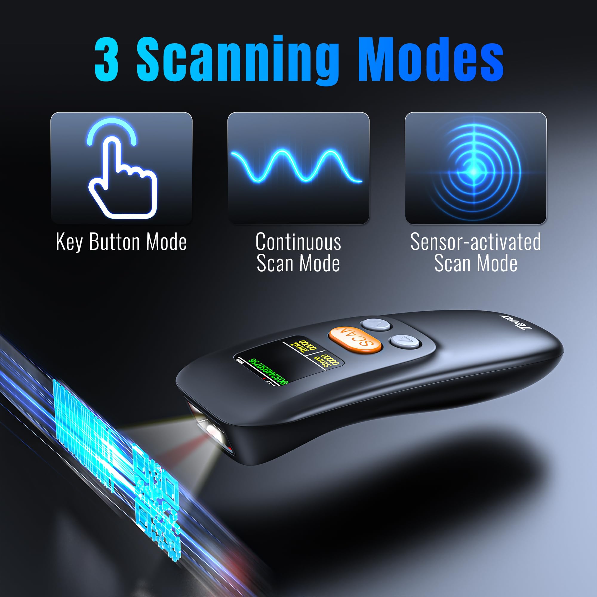 Tera Tragbar Barcode Scanner Mini: 1D 2D QR 1200mAh Akku mit Taste 1.4" Display & Ladestation Handheld Code Reader, mit Bluetooth 2.4G Kabellos & USB für POS Kassensystem Lager Einzelhandel Büro 1600