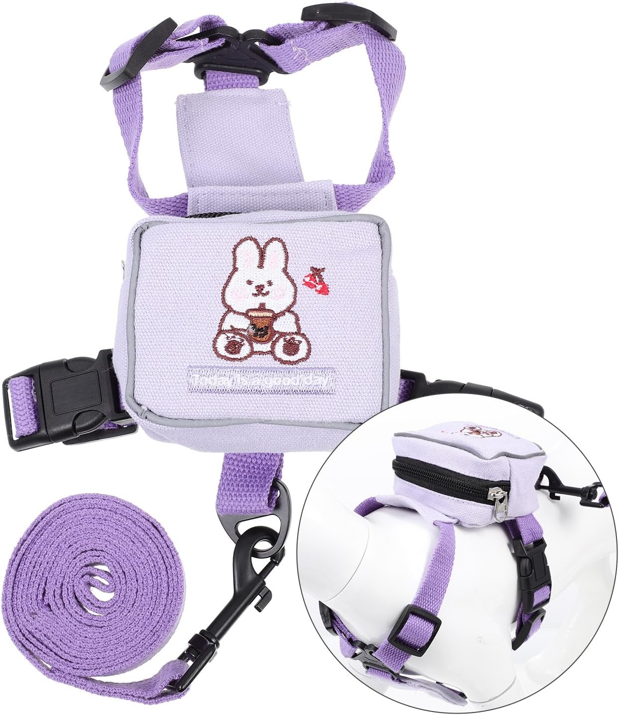 Vest Style Cat Harness Leash Backpack, Soft Adjustable M Size (7-15 Lbs), Purple Rabbit Design, Lightweight Pet Supply for Outdoor Walking and Travel