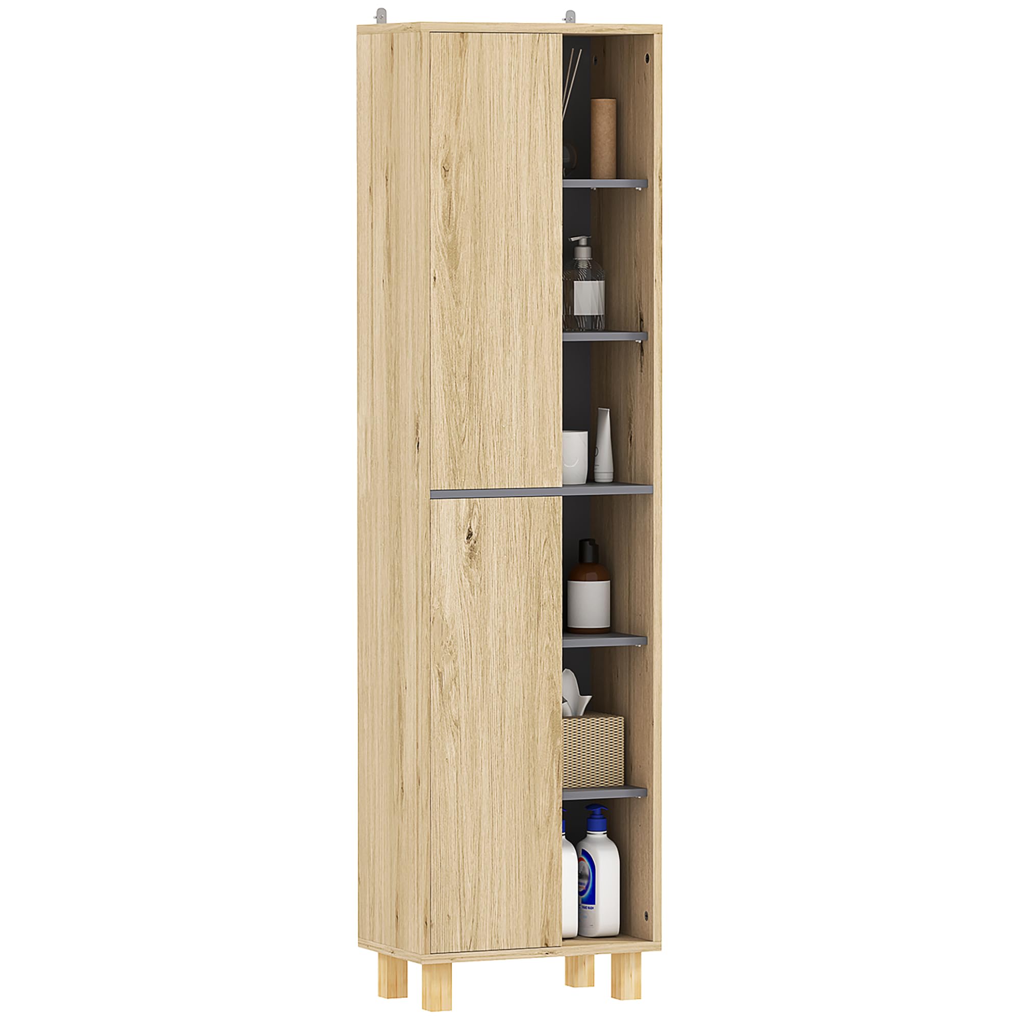 HOMCOM Meuble Colonne Salle de Bain, Armoire de Salle de Bain avec 6 Compartiments Ouverts et 2 placards, dim. 40l x 24P x 148H cm, Bois Naturel