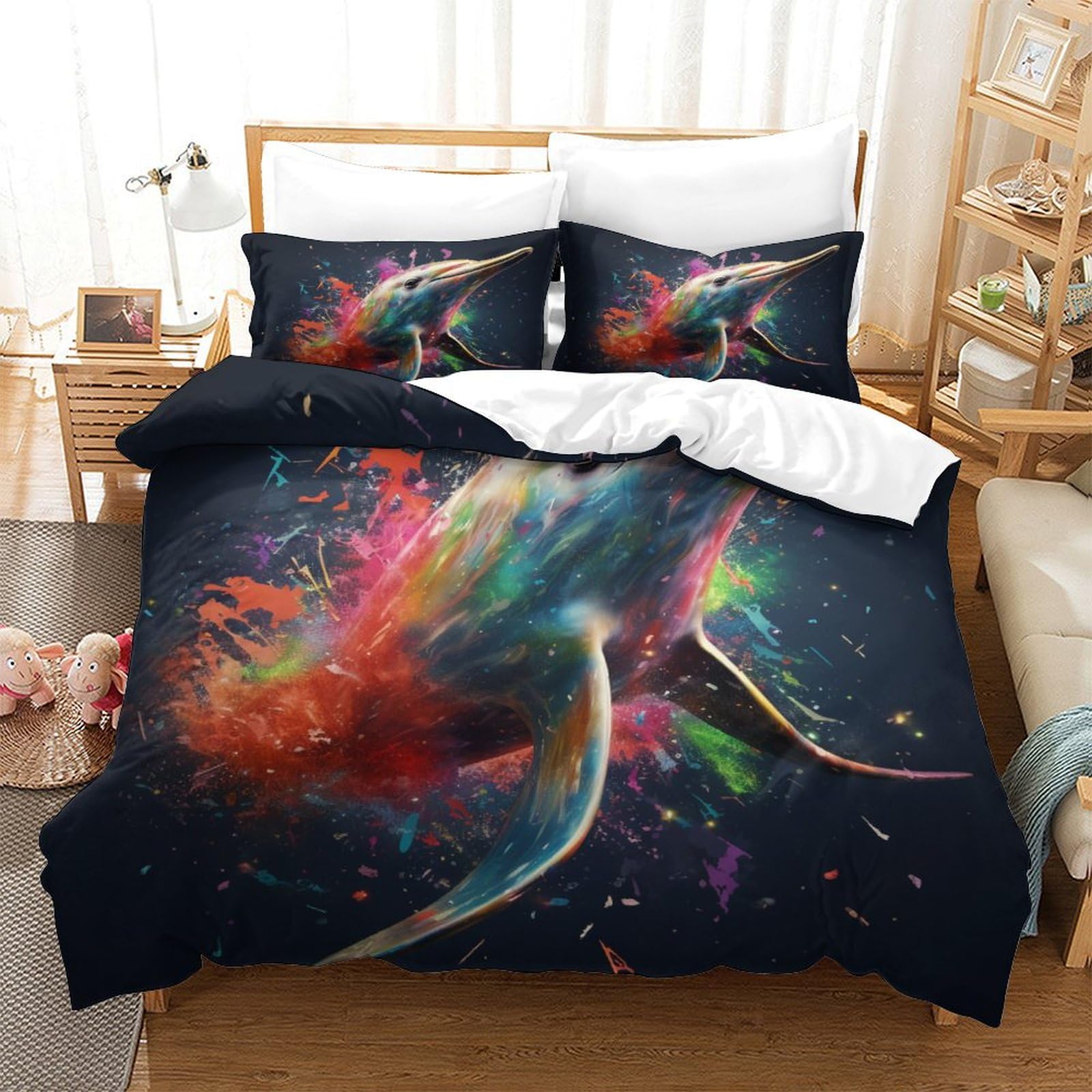 P1S9U7W5Y Vivid Whale 3D Printed Duvet Cover Set 3 Pieces Microfiber Bedding for Adults, Colourful Whale Bedding Set, Soft Breathable Bedroom Décor Gift King（220x240cm）