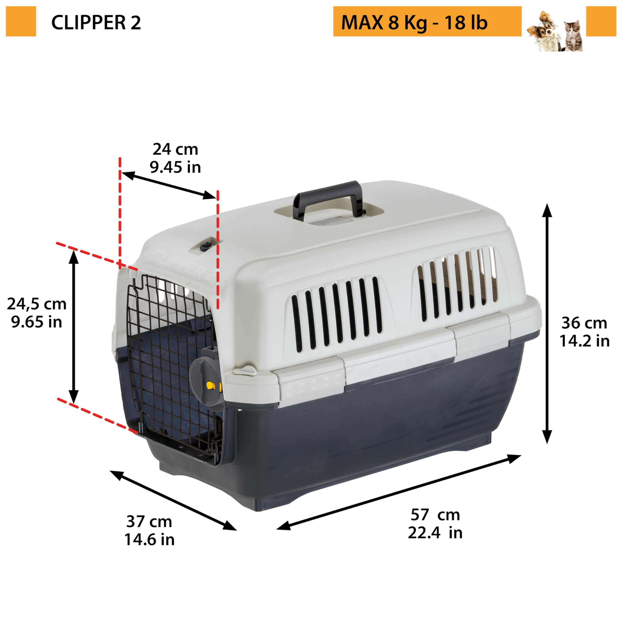 Ferplast Transportín Gato Clipper 2, IATA, Transportín Perro Pequeño y Gatos de hasta 8 Kg, Transportín Rígido, Viaje Mascotas Coche Avión Tren, 57 x 37 x h 36 cm, Puerta de Acero, Cierre Seguro