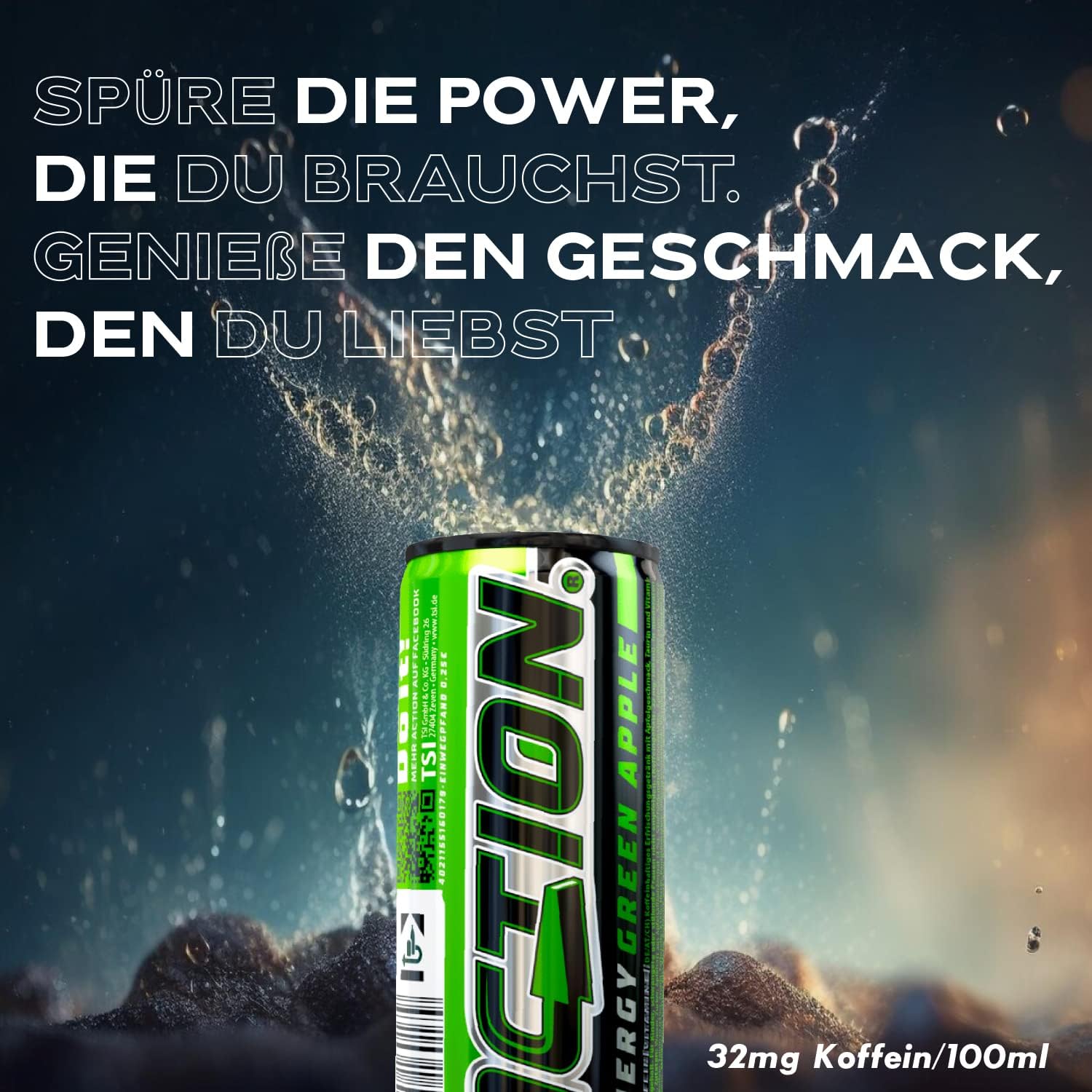 Action Energy Drink Green Apple (48 x 250 ml) incluye depósito – Refresco con sabor a manzana verde – patata energética con mayor contenido de cafeína 31,5 mg/100 ml de cafeína enfoque mejorado