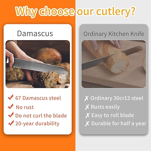 Miniatura 5 de Cuchillo de pan, cuchillo dentado multifunción de Damasco, cuchillo profesional japonés VG10 de acero inoxidable de alto carbono Damasco, cuchillo