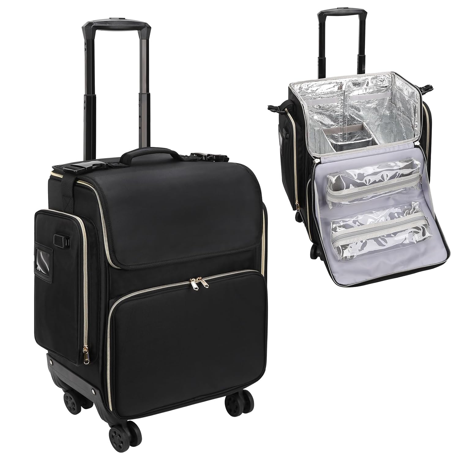 OCHEAL Hairstylist Traveling Case - 360° Rotatable Wheels, Heat Insulation Cosmetic Makeup Trolley Train Case for Hairstylists Hairdressers, Detachable Pouch, Hairdressing Tool Organizer