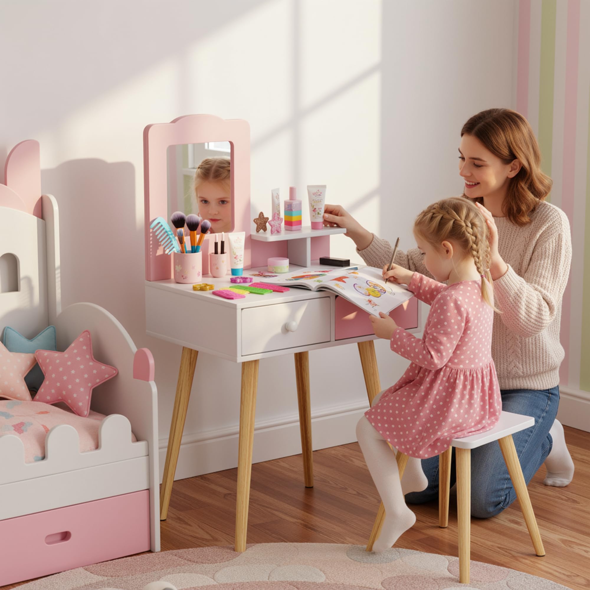 Clevich 2 in 1 Schminktisch Kinder Set, Prinzessin Frisiertisch mit Abnehmbarem Spiegel, 2 Schubladen, Schreibtisch Holz mit Hocker, für Kinder von 3 bis 8 Jahren, Rosa