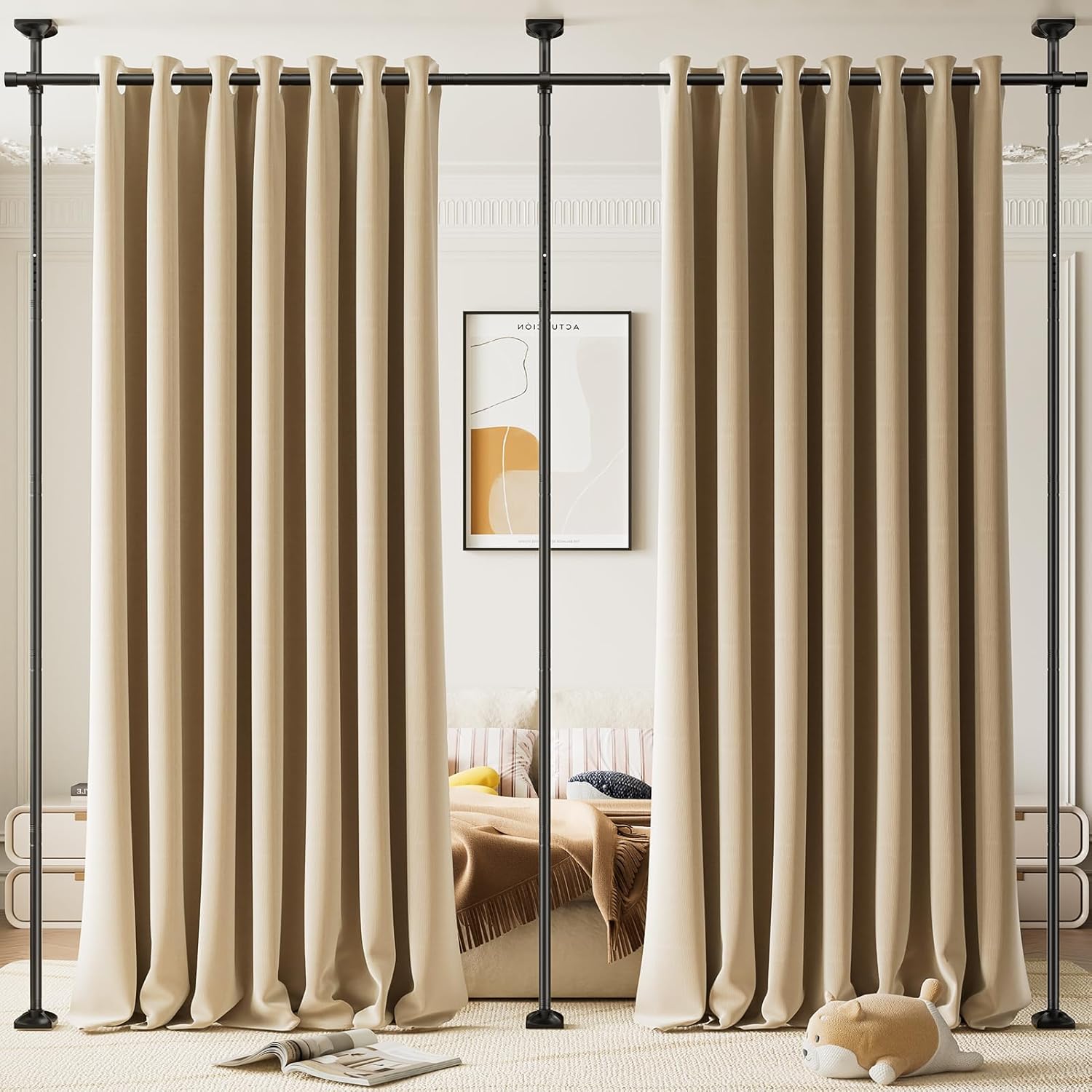 Room Divider Curtain Rod, No Drilling Tension Rod for Room Separation, 4-10ft(H)28-114inch(W) Adjustable Heavy Duty Floor to Ceiling Wall Divider Room Partition Privacy Separator, Black