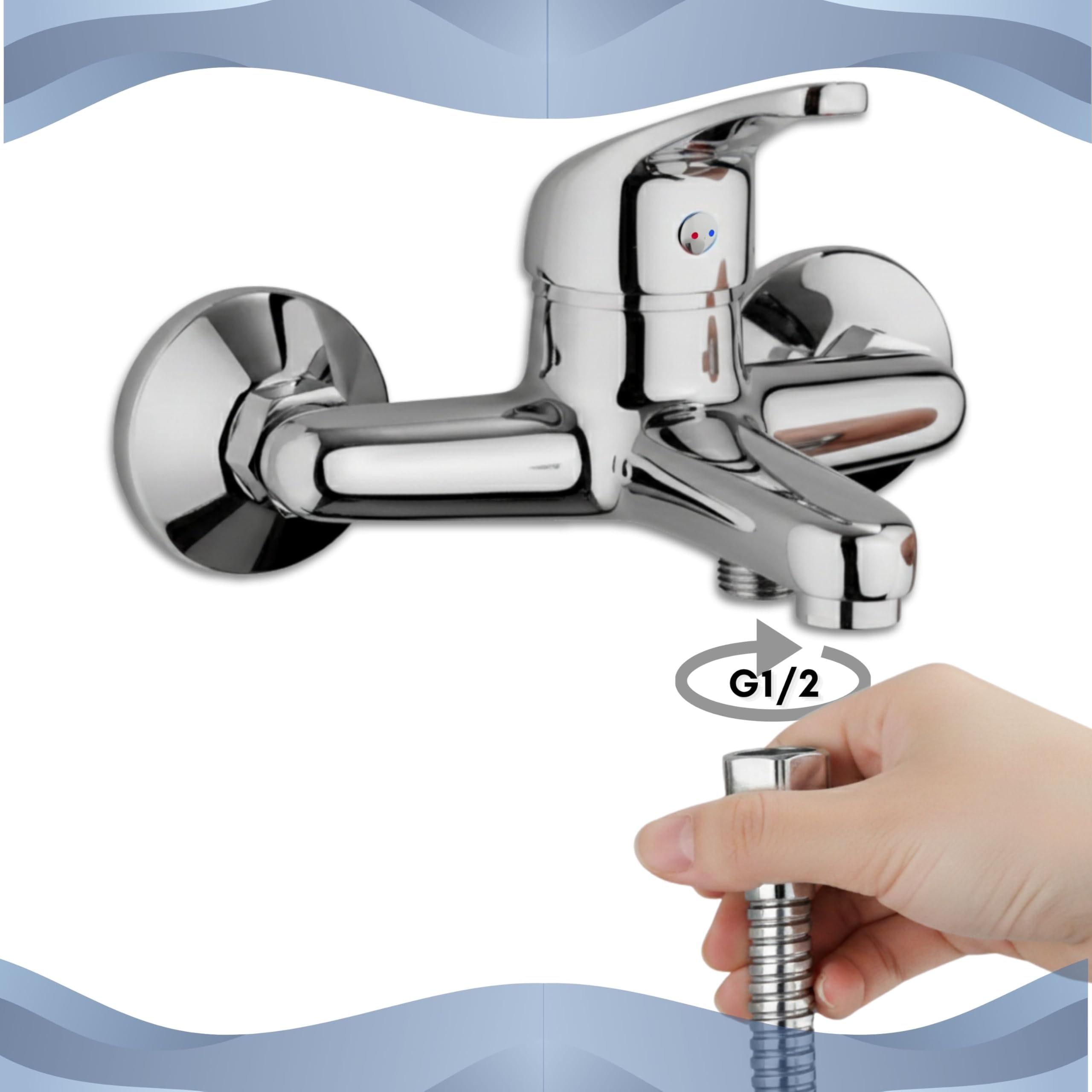 Yasta Miscelatore Vasca da Bagno Monocomando Esterno a Muro, Rubinetto con Deviatore per Doccia, Finitura Cromata Lucida, Design Moderno, Attacchi Standard Universali, Kit Montaggio Incluso