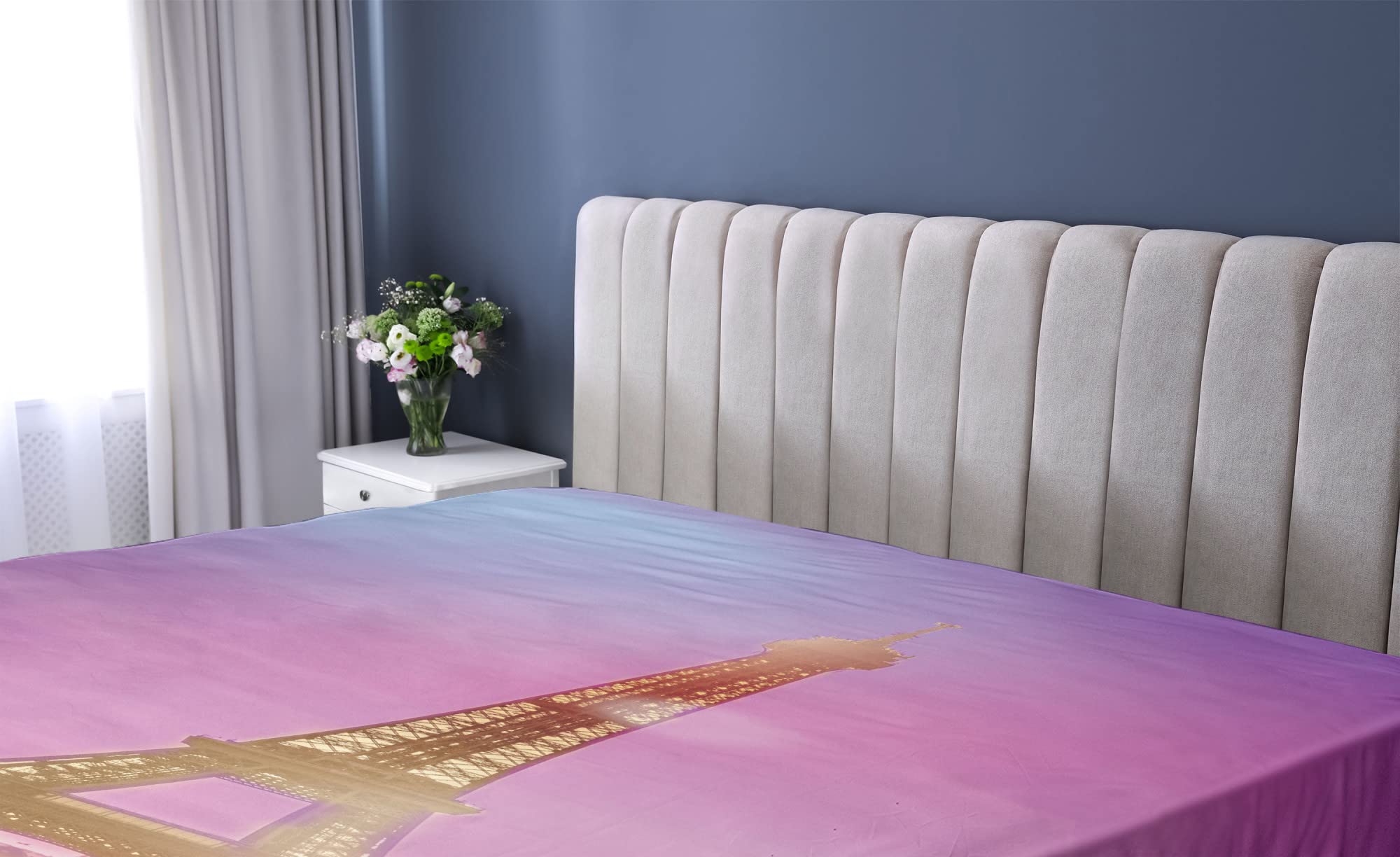 Ambesonne Eiffel Tower Fitted Sheet, Famaous Paris Landmark with Urban View Under and Vivid Pink Purple Tone Sky, Bed Cover with All-Round Elastic Deep Pocket for Comfort, Full Size, Purple Orange