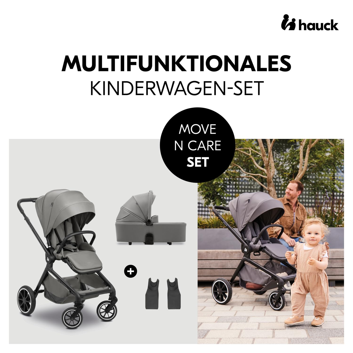 Hauck Move N Care Set 2 in 1 Kombikinderwagen ab Geburt bis 22 kg Babywanne Wendbarer Buggy UPF 50+ XL Korb
