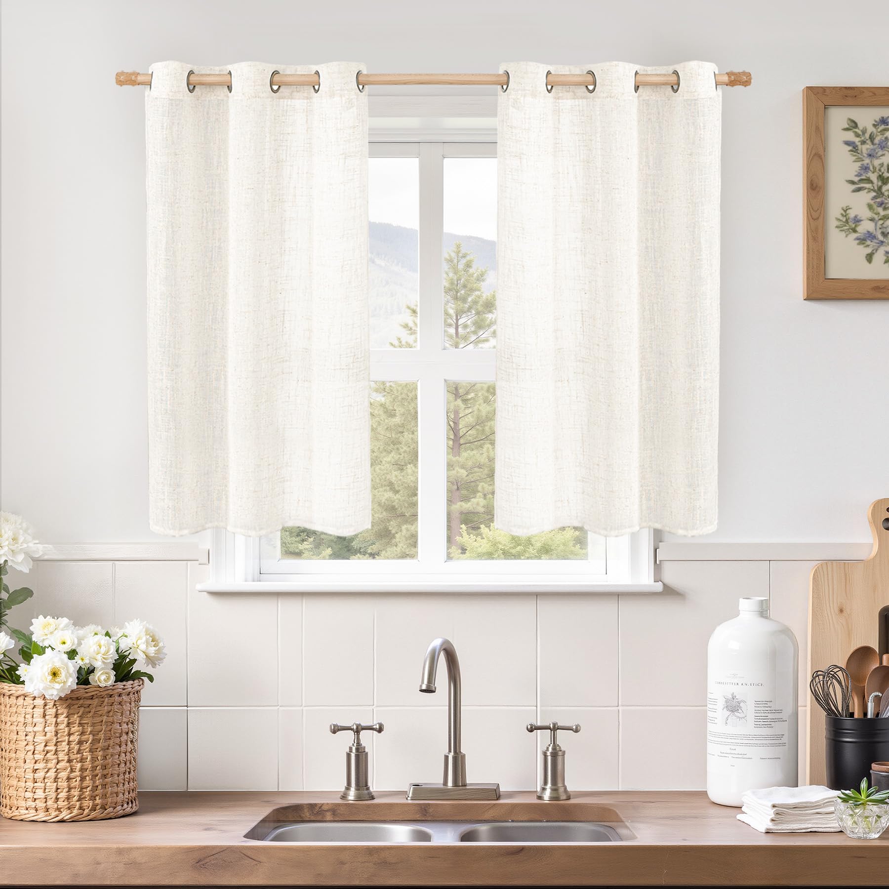 LAMIT Short Sheer Linen Curtains 40 inches Long, Bronze Grommet Linen Drapes Light Filtering Semi Sheer Curtains for Small Window/Kitchen/Farmhouse, 2 Panels (34 x 40 Inch, Cream) โ image 1