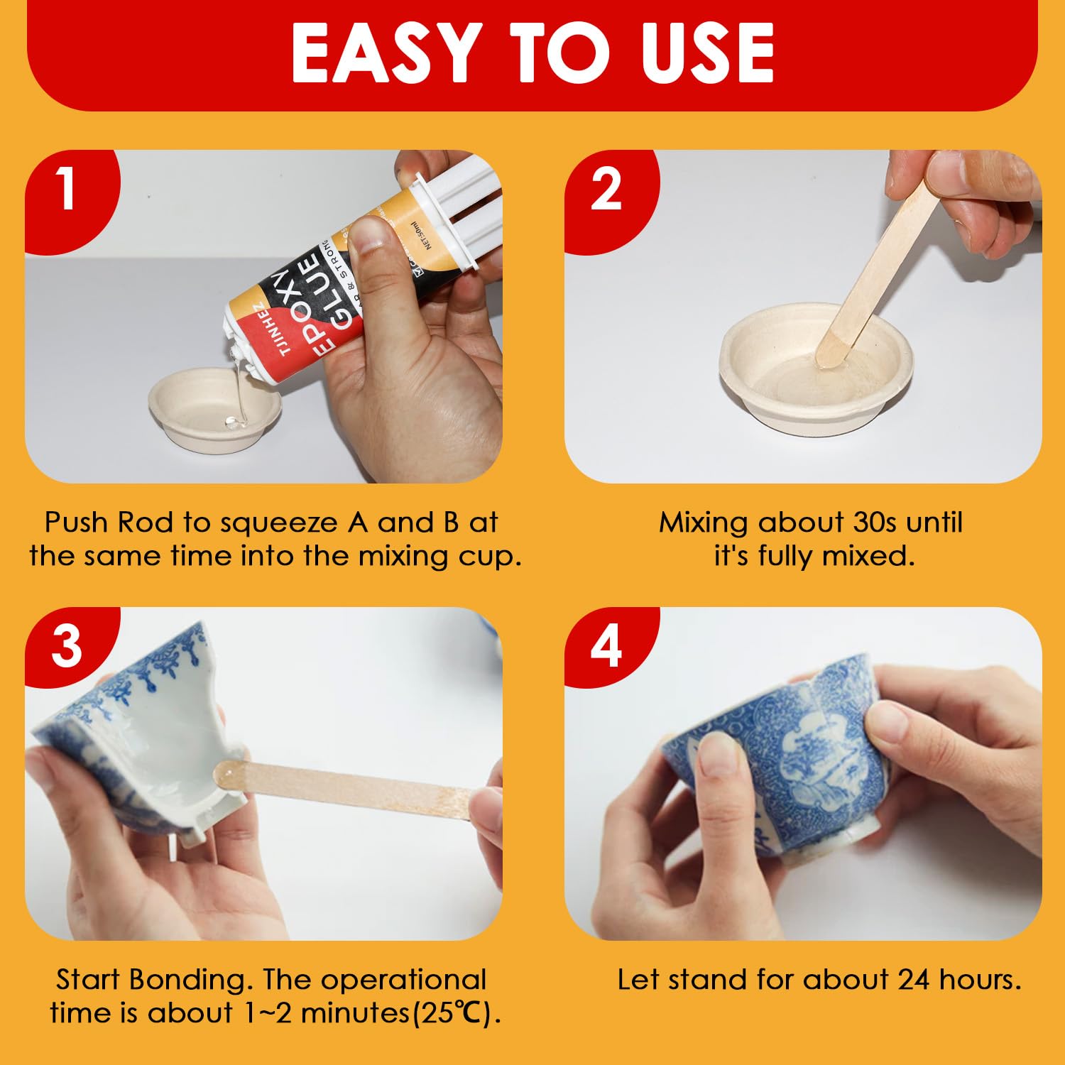 Pegamento Epoxi 2 Componentes 100ml, Secado Rápido 5 Minutos, Transparente, Fuerte, Impermeable y Resistente al Calor - Para Plástico, Madera, Cristal, Piedra, Cerámica, Metal