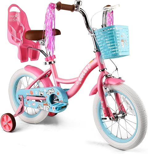 RULLY Bicicleta para niñas de 12 a 16 pulgadas con cesta de asiento de muñeca y ruedas de entrenamiento para niños de 2 a 6 años