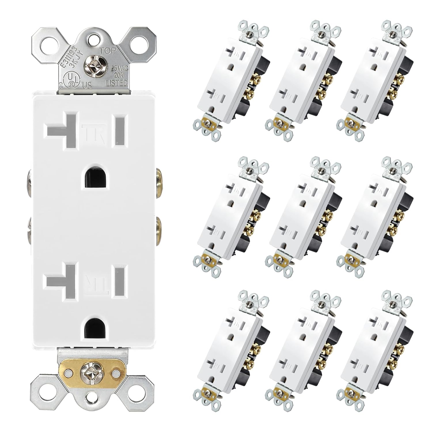 3GRACE 20A 125V Tamper Resistant Decorator Electrical Outlet, 5-15R Duplex Receptacle with Screwless Wall Plate, Self-Grounding UL Listed, White (10PCS, Without Wall Plate)