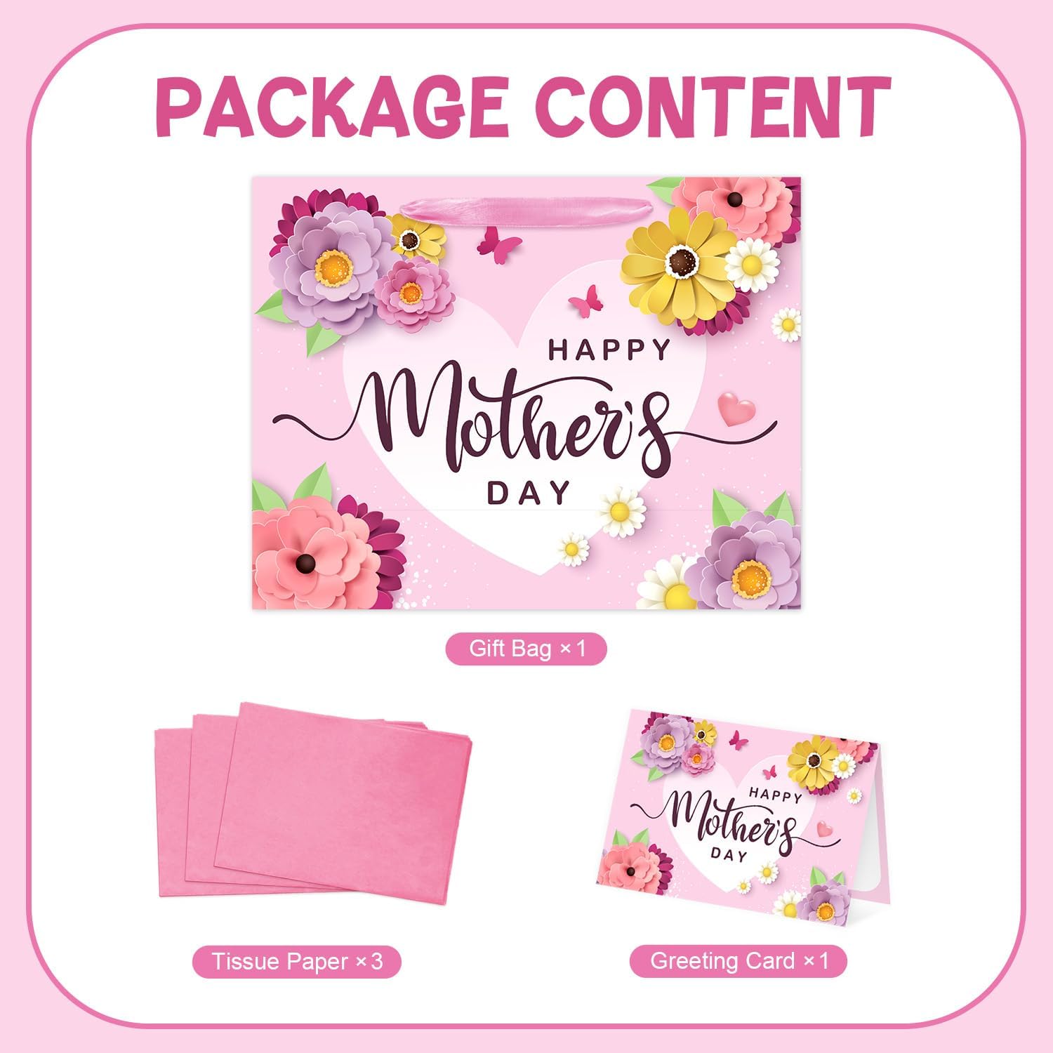 13" Happy Mother's Day Gift Bag with Card and Tissue Paper Large Pink Floral Mom's Party Paper Gift Bag Mom Present Bags with Handle Mother Parties Bags for Happy Mothers Day Party Decorations 1Pcs