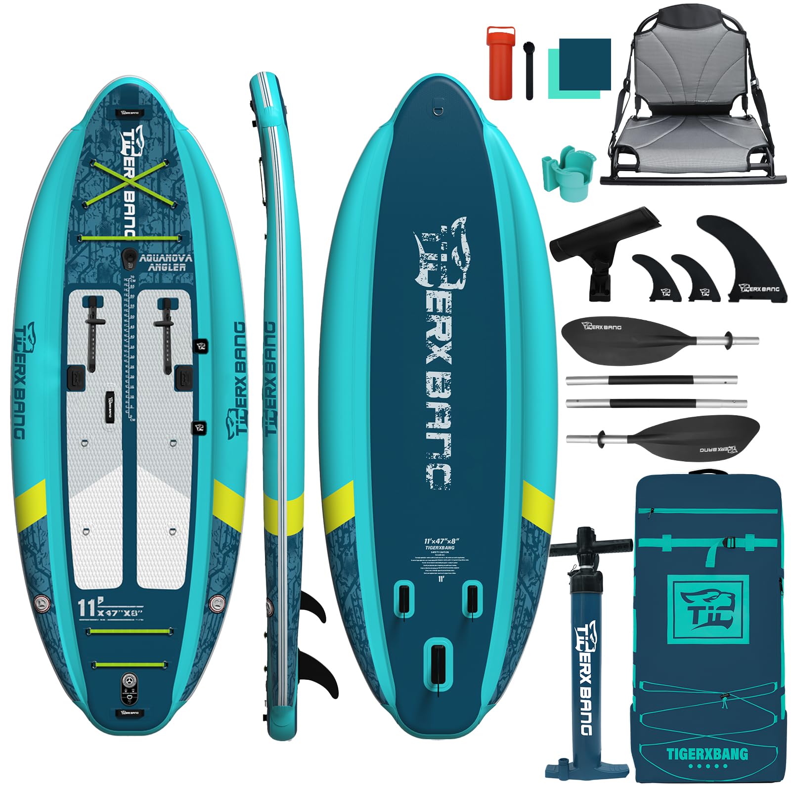 TIGERXBANG Aufblasbares Angelkajak 335x120x20 cm, Fishing Kayak mit Sitz, stabiles Schlauchkajak mit Kamerahalterung, Pumpe, Doppelpaddel & Rucksack, Kajak für Angeln, See & Freizeit