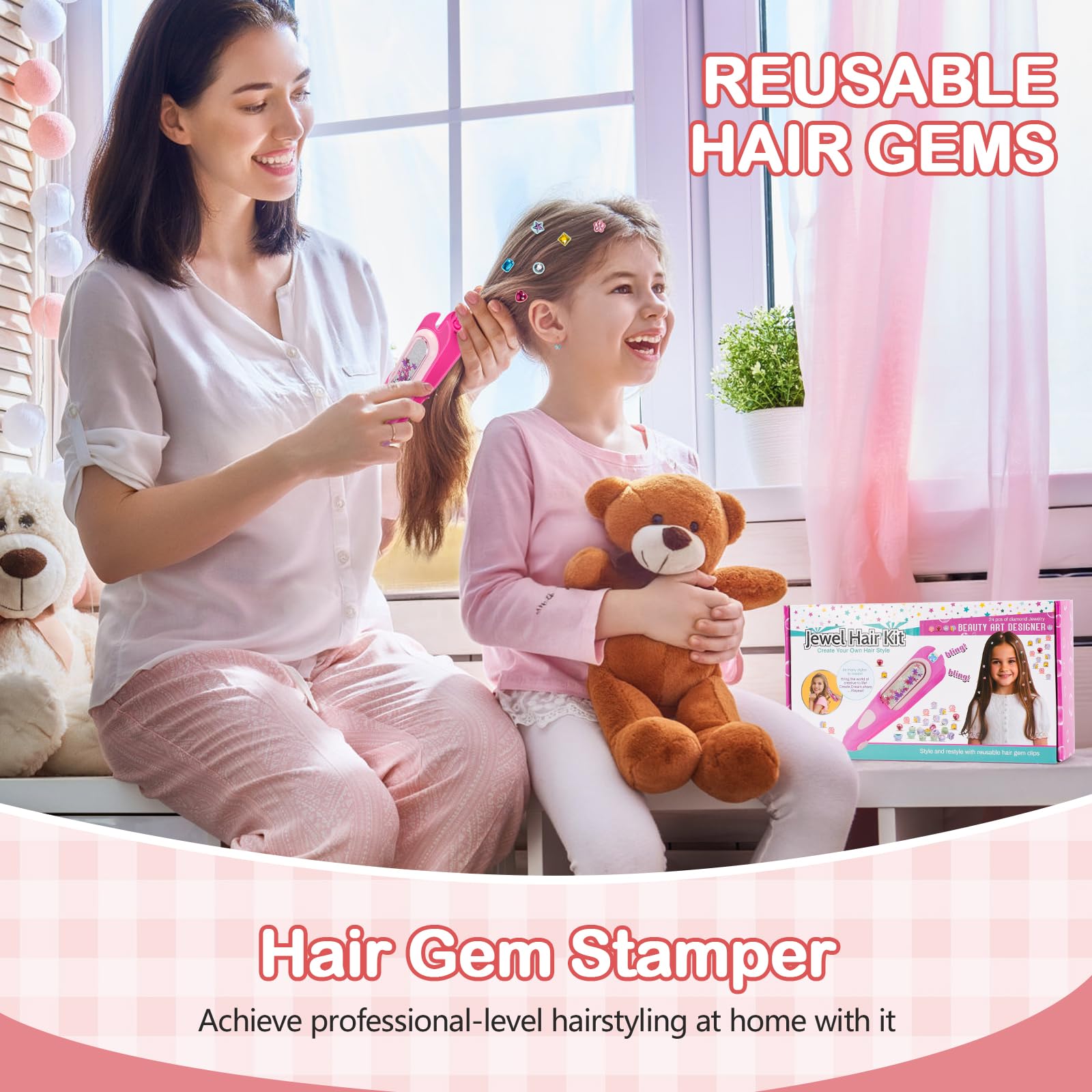 Kit de estampador de gemas para el cabello, joyas brillantes para el cabello para niñas, herramienta de peinado con diamantes brillantes reutilizables, regalo de Navidad, cumpleaños, artes y 4