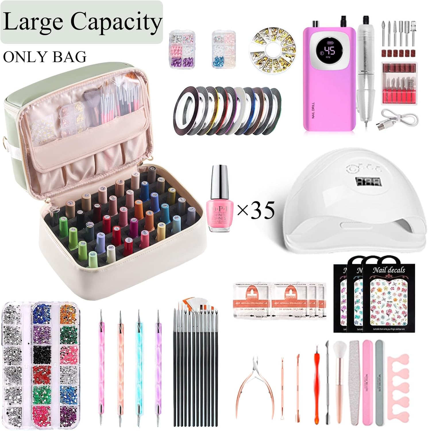 nail polish organizer holds 35 bottles & nail lamp, nail organizers and storage, double layer nail bag with handle & shoulder strap for travel, nail supplies organizer for manicure kit (green+beige) green+beige (35bottles?