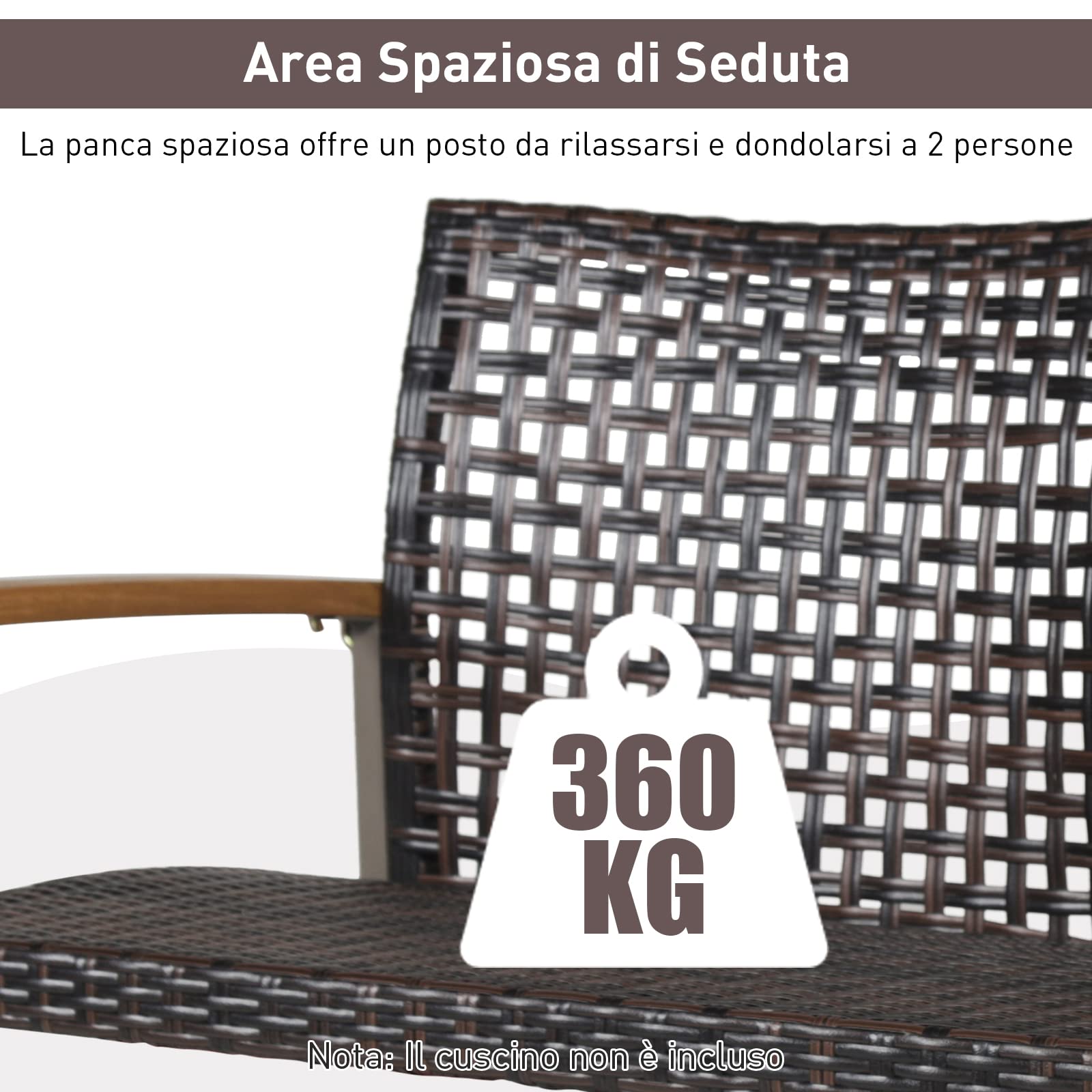 COSTWAY Dondolo Sospeso per Esterno a 2 Posti, Altalena da Giardino, Sedia Sospesada Gairdino con Braccioli, per Portico, Capacità di Carico di 360 kg