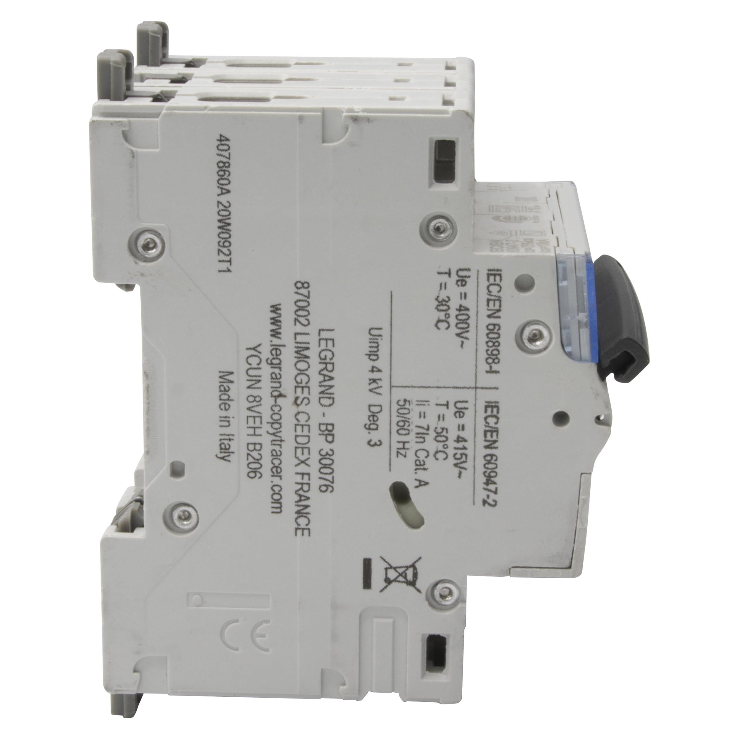 Legrand 407860E Interrupteur automatique magnétique thermique 3P, 20 A, courbe C, 10 kA, 3 modules, DX3