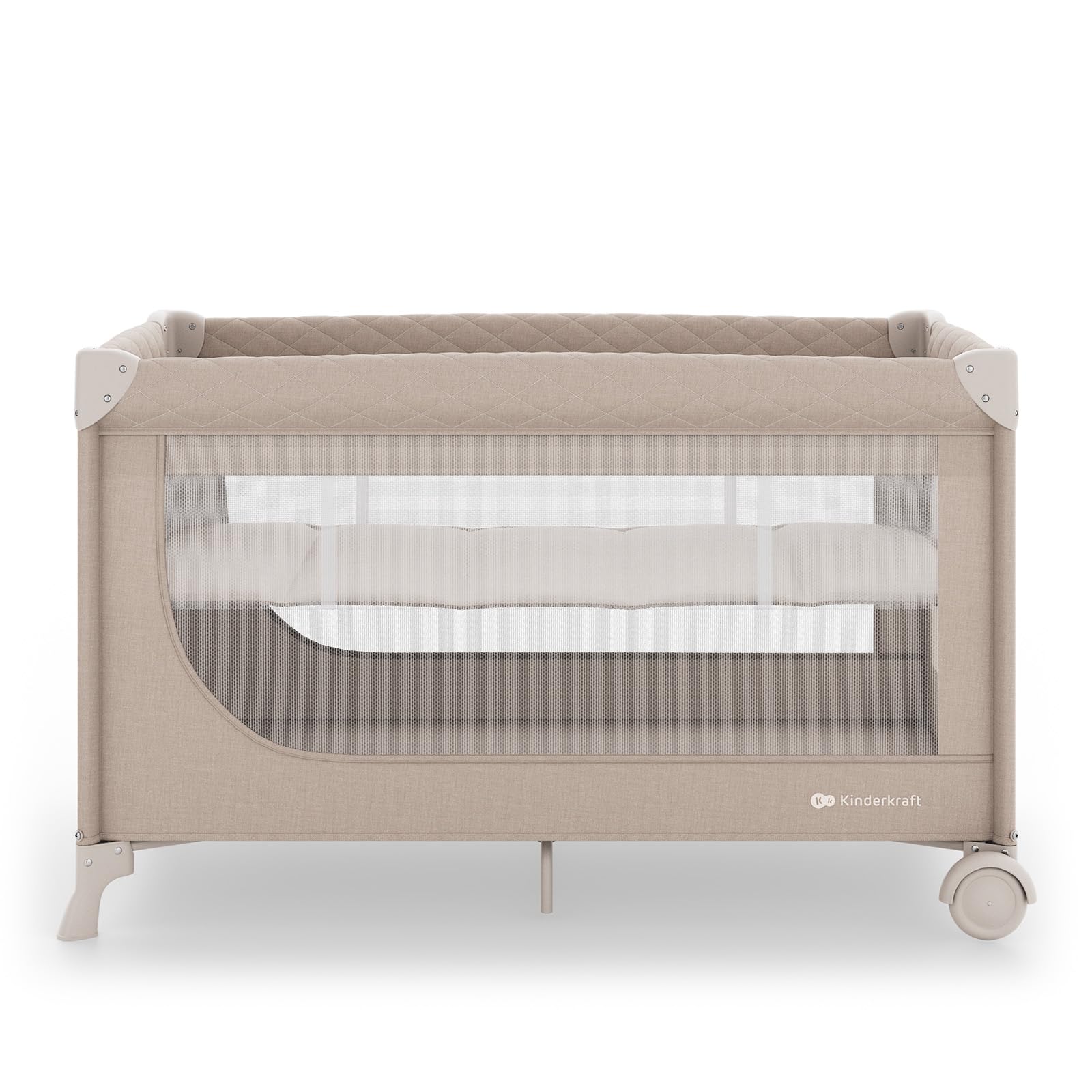 Kinderkraft LEODY UP lit bébé et lit de Voyage 2-en-1, Parc sécurisé, Pliage en Un Geste, 2 Niveaux de Couchage, roulettes avec Frein, entrée latérale zippée, Beige
