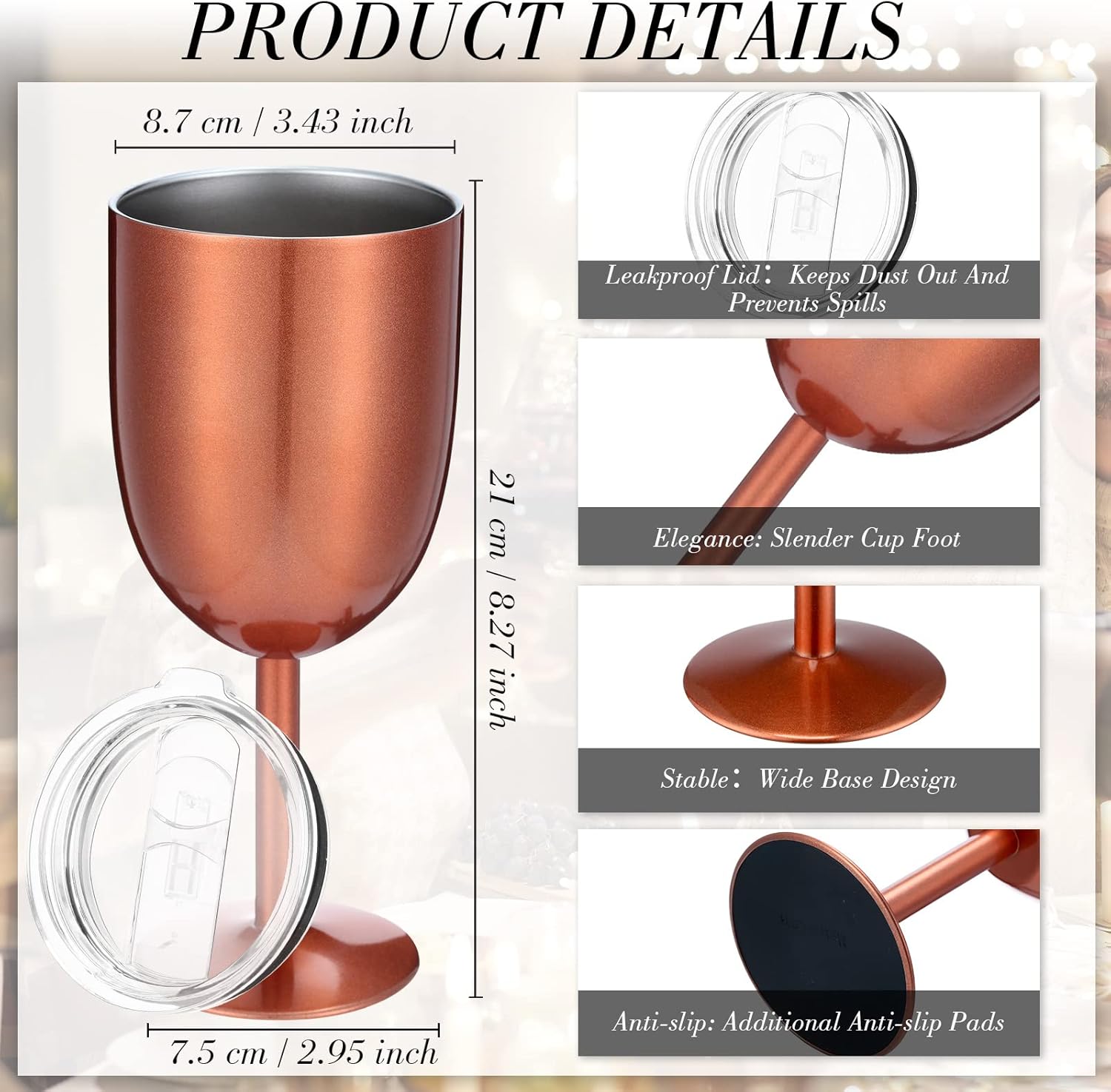 Yinder 8 Pcs Stemmed Stainless Steel Wine Glasses, 12 oz Stainless Wine Goblet with Lids Double Wall Insulated Unbreakable Goblets Insulated Stem Tumbler for Friendship Birthday Party (Rose Gold)
