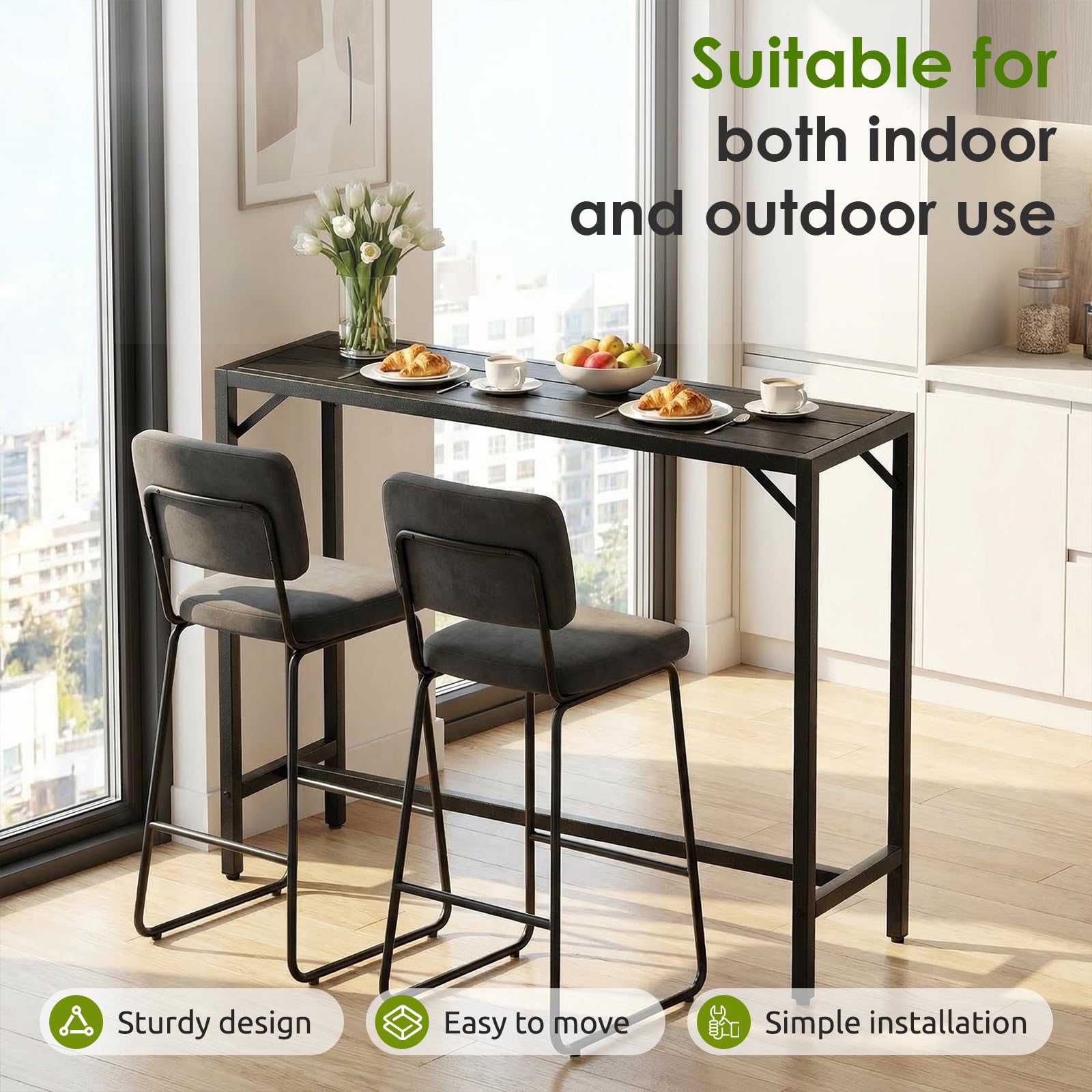 Table de Bar Exterieur LIFERUN 120 x 38 x 98 cm Pieds Réglables Plateau Étanche Noir