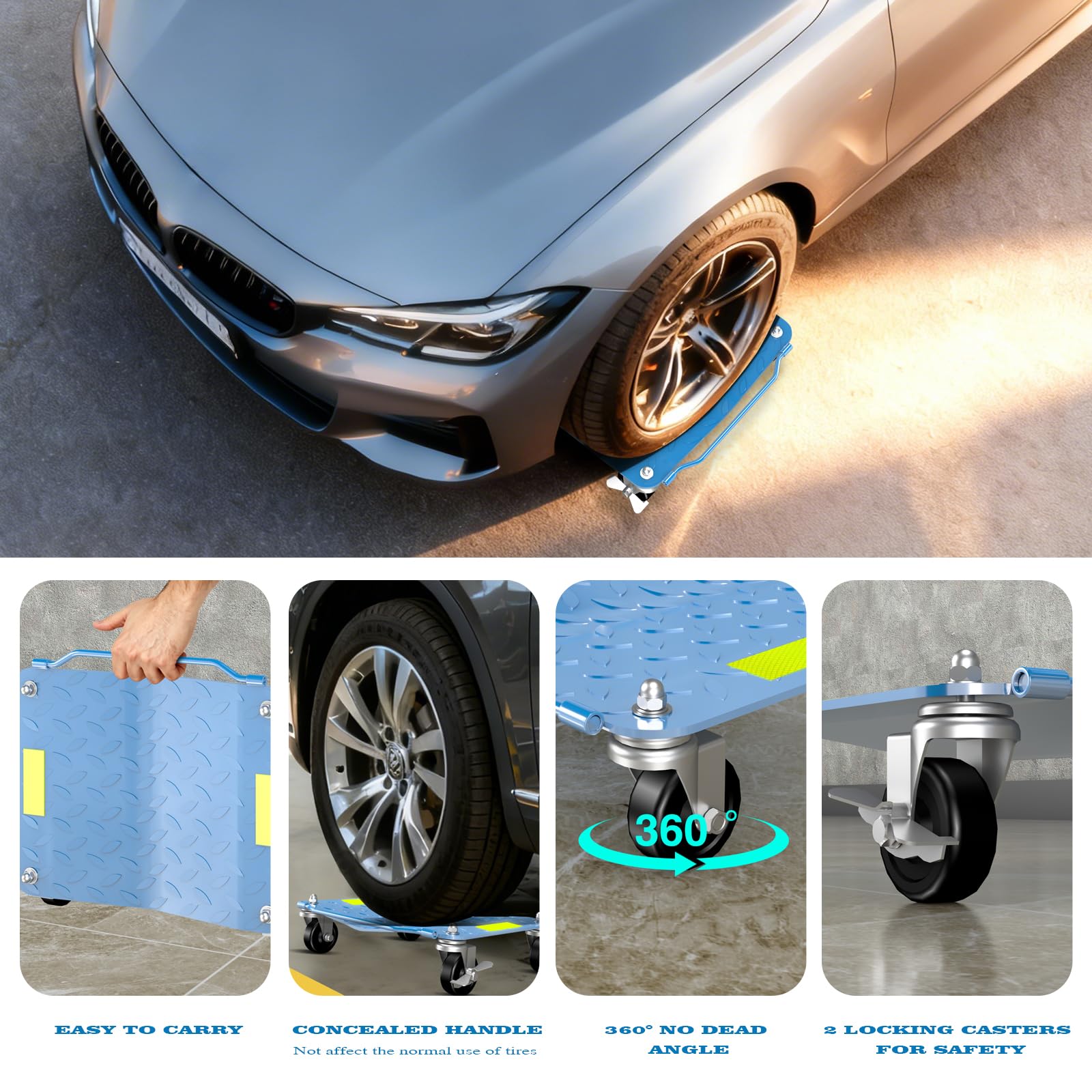 LARBANKE Juego de 4,2722 kg de carrito de estaca para neumáticos con cinta reflectante, carro de vehículo resistente con ruedas y asa bloqueables, para movimiento de automóviles, reparación de