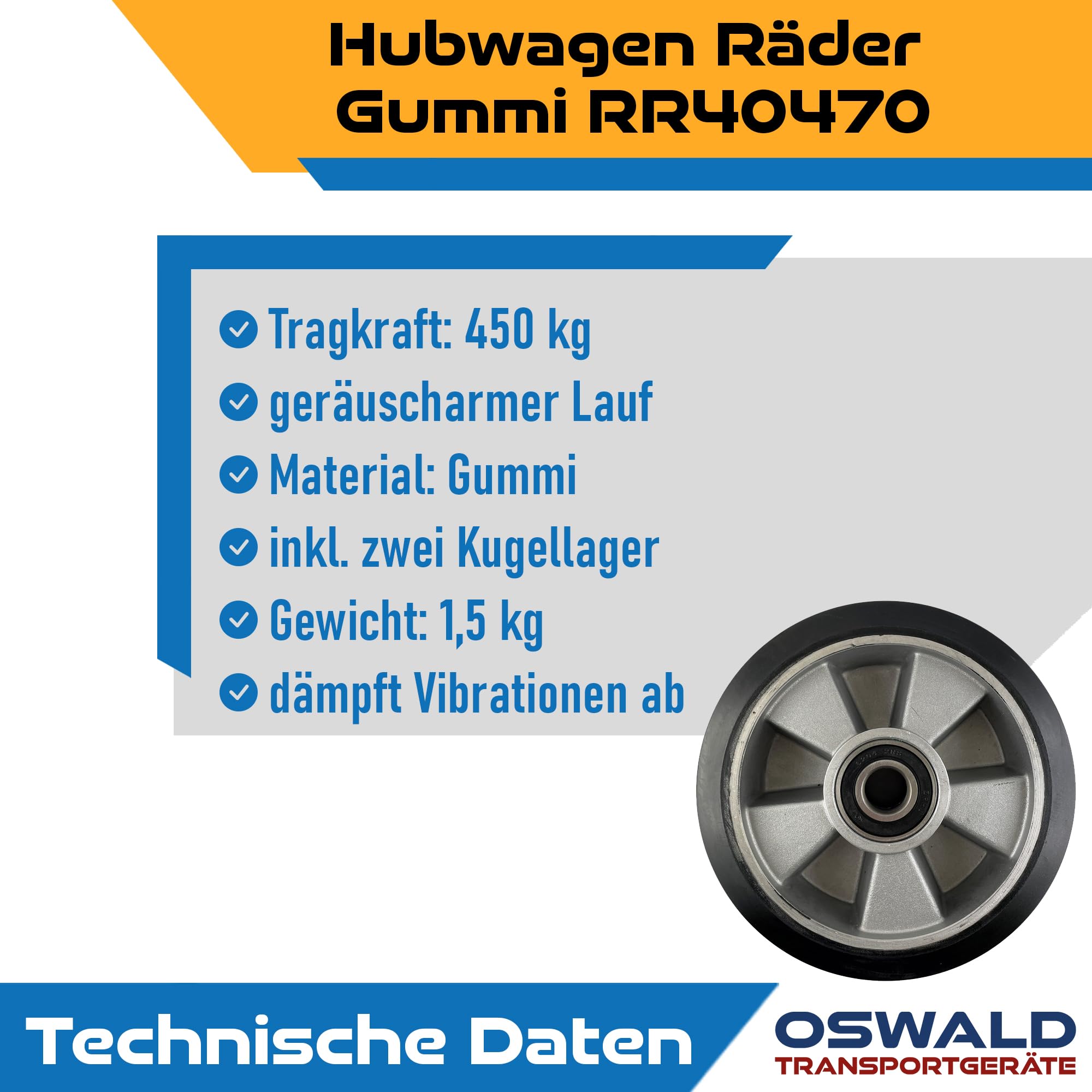 Hubwagen Rad Gummi 200 x 50/50 mm, Achse 20 mm - Ersatzrad inkl. Kugellager