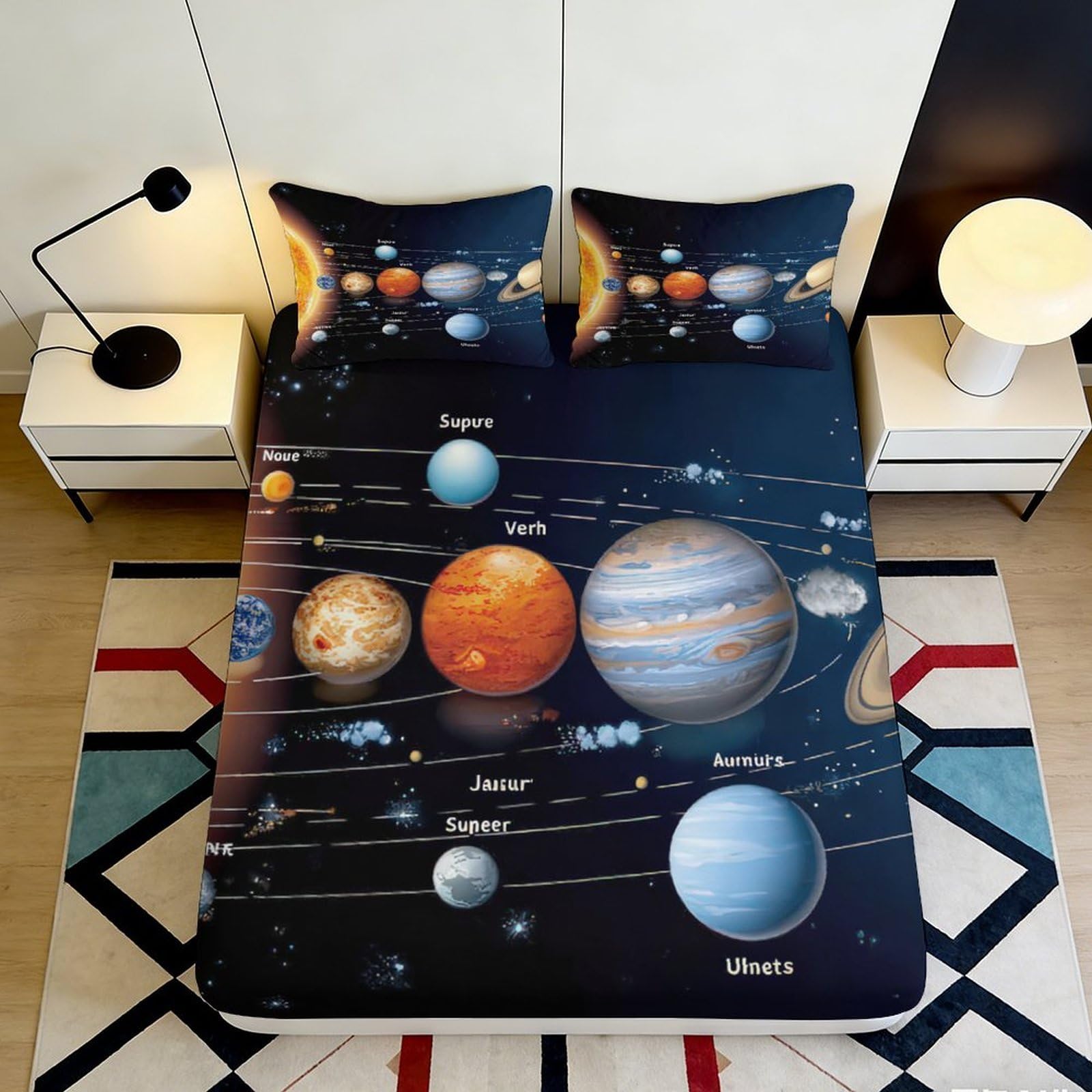 3D Printed Solar System Fitted Sheet Microfiber Soft Breathable Planet Pattern Mattress Cover for Bedroom Dormitory Guest Room Mattress Protection Decor 160x200x25cm