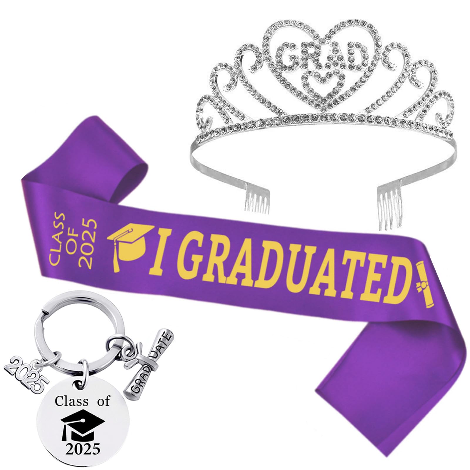 Acewen 2025 Graduation Party Supplies Kit, Class of 2025 Graduated Sash, Glittered Metal Grad Crown Tiara Headband, Graduation Keychain for College