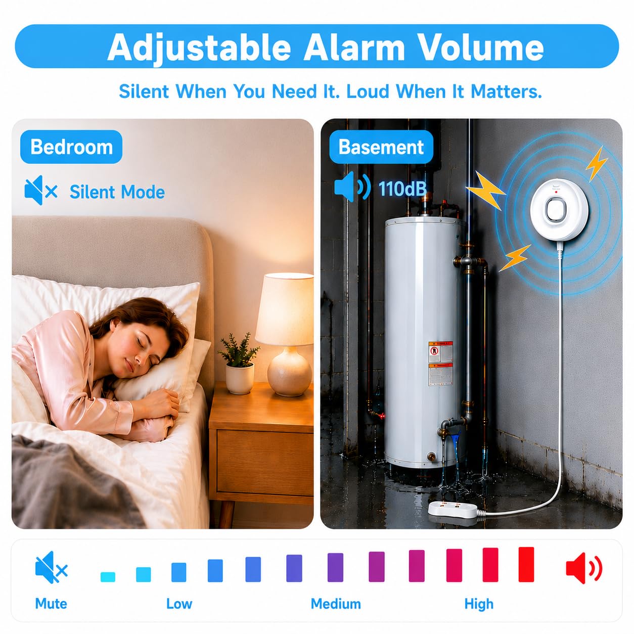 DAYTECH WLAN-Wasserleck-Detektor, 110 dB, Wasseralarm mit Telefonwarnungen und 2 m Detektorkabel, intelligenter Wasserstandssensor für Keller/Waschküche/Küche, 2er-Pack (nur 2,4 G WLAN)