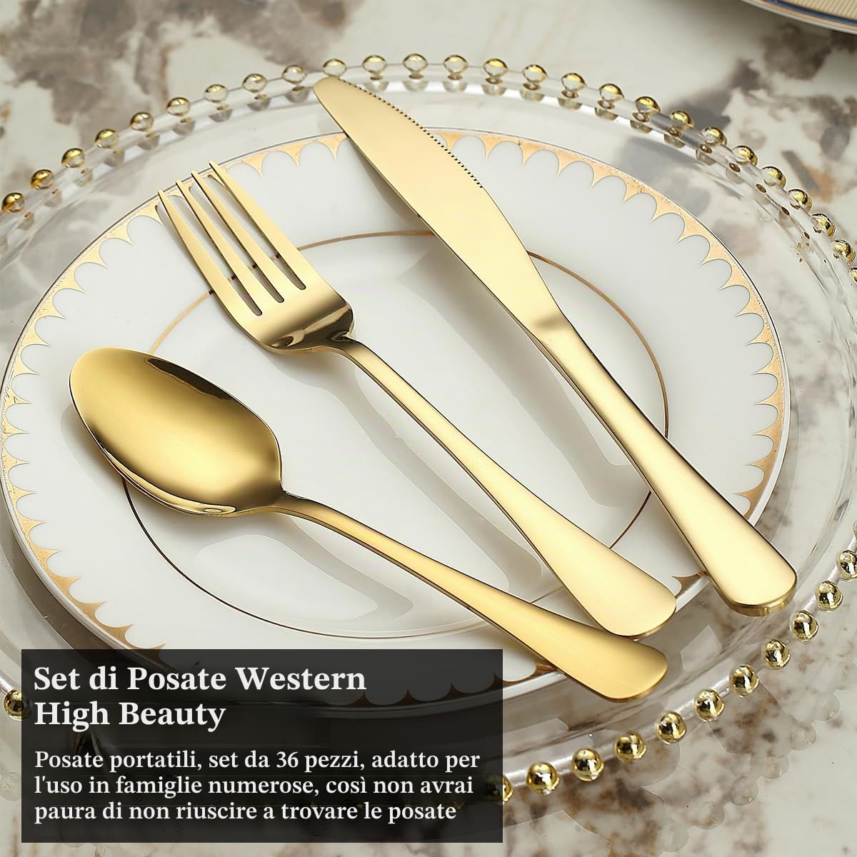 Set di Posate In Oro 36 Pezzi Servizio Per 12, Coltelli In Acciaio Inox Set di Forchette Cucchiaio per Matrimonio, Feste, Evens, Casa, Regalo per il Ringraziamento
