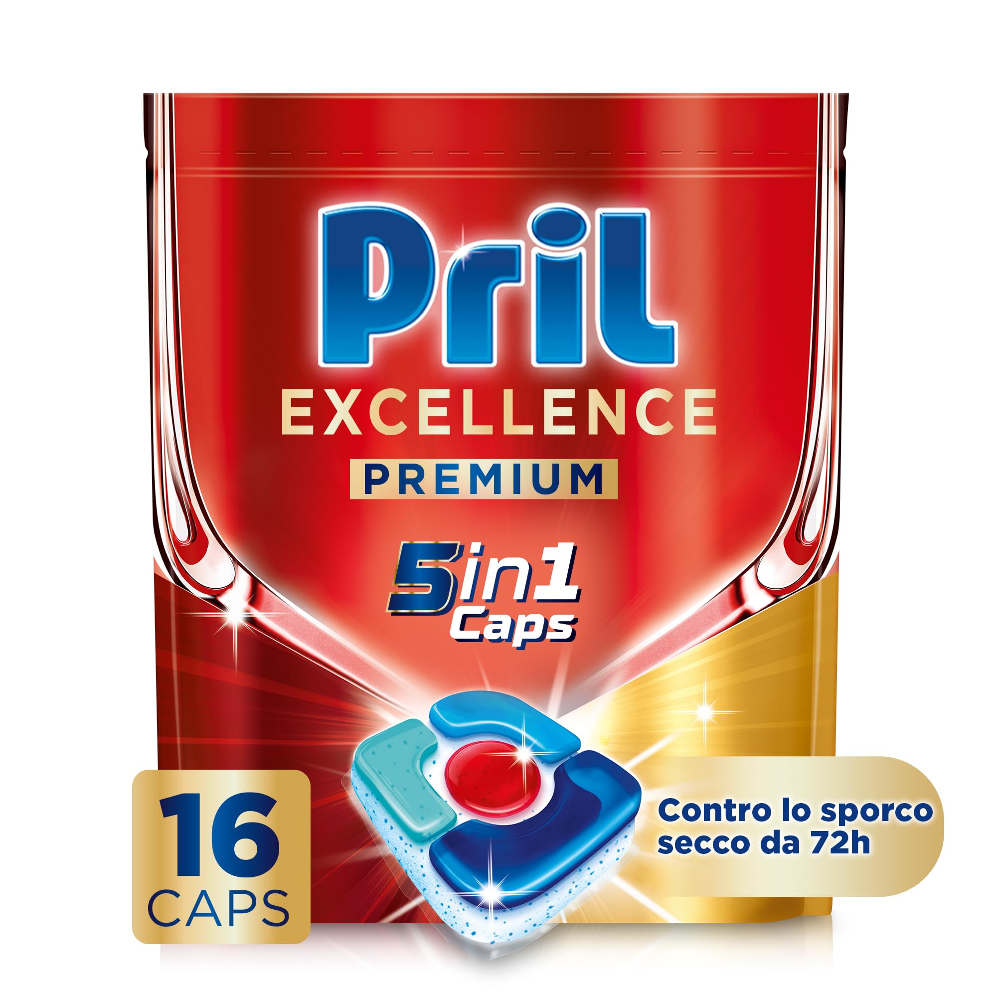 Pril Excellence Premium 5in1 Spülmaschinentabs (16 Kaps), Geschirrspülmittel gegen hartnäckigen und trockenen Schmutz, ab 72 Stunden, Spülmaschinentabs, wirksam auch bei kurzen Zyklen und Eco