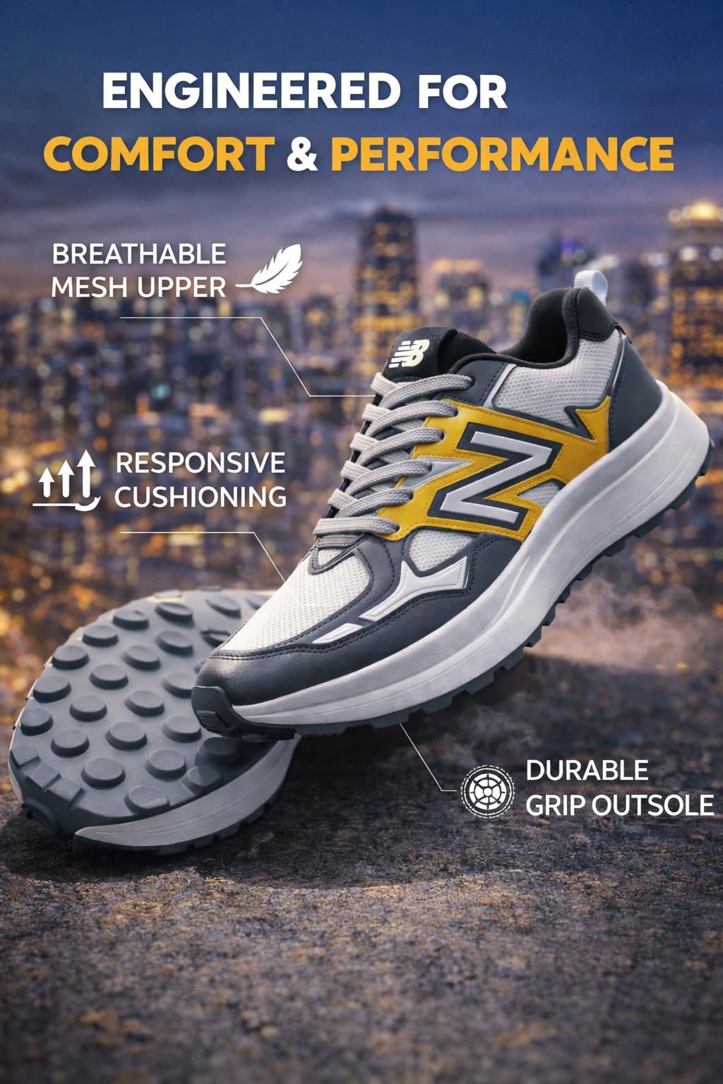 AUSTRICH Athletic Running Shoes, Breathable Mesh Upper with Responsive Cushioning, Durable Grip Outsole, White Grey Yellow (UK Footwear Size System, Adult, Men, Numeric, Medium, 8) 1
