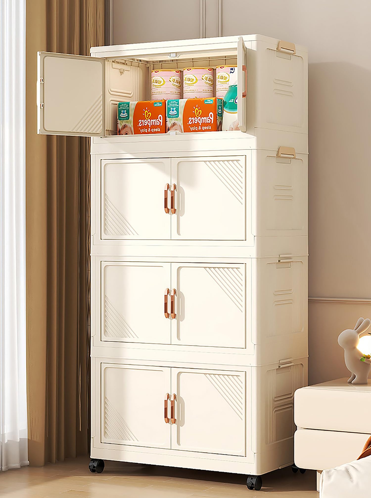 House of Quirk Contenitori portaoggetti in plastica per armadi, pieghevoli, impilabili, con porta anteriore aperta, 45 cm (4 strati, beige)