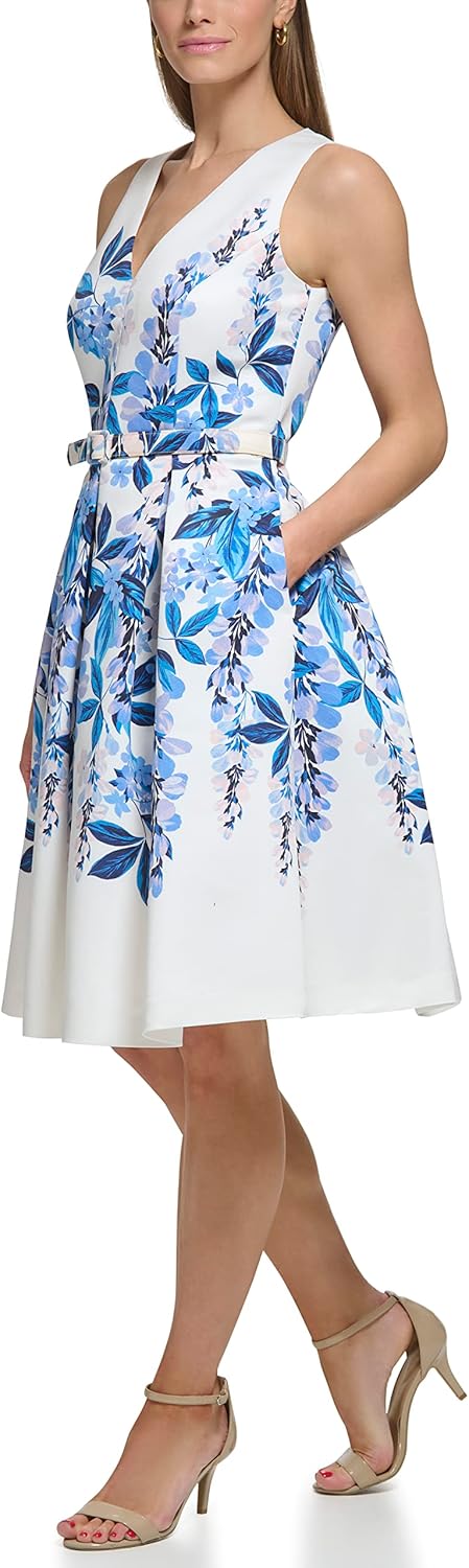 Eliza J Womens Fit and Flare Style Woven Faille Sleeveless Vneck Floral Dress - Image 2