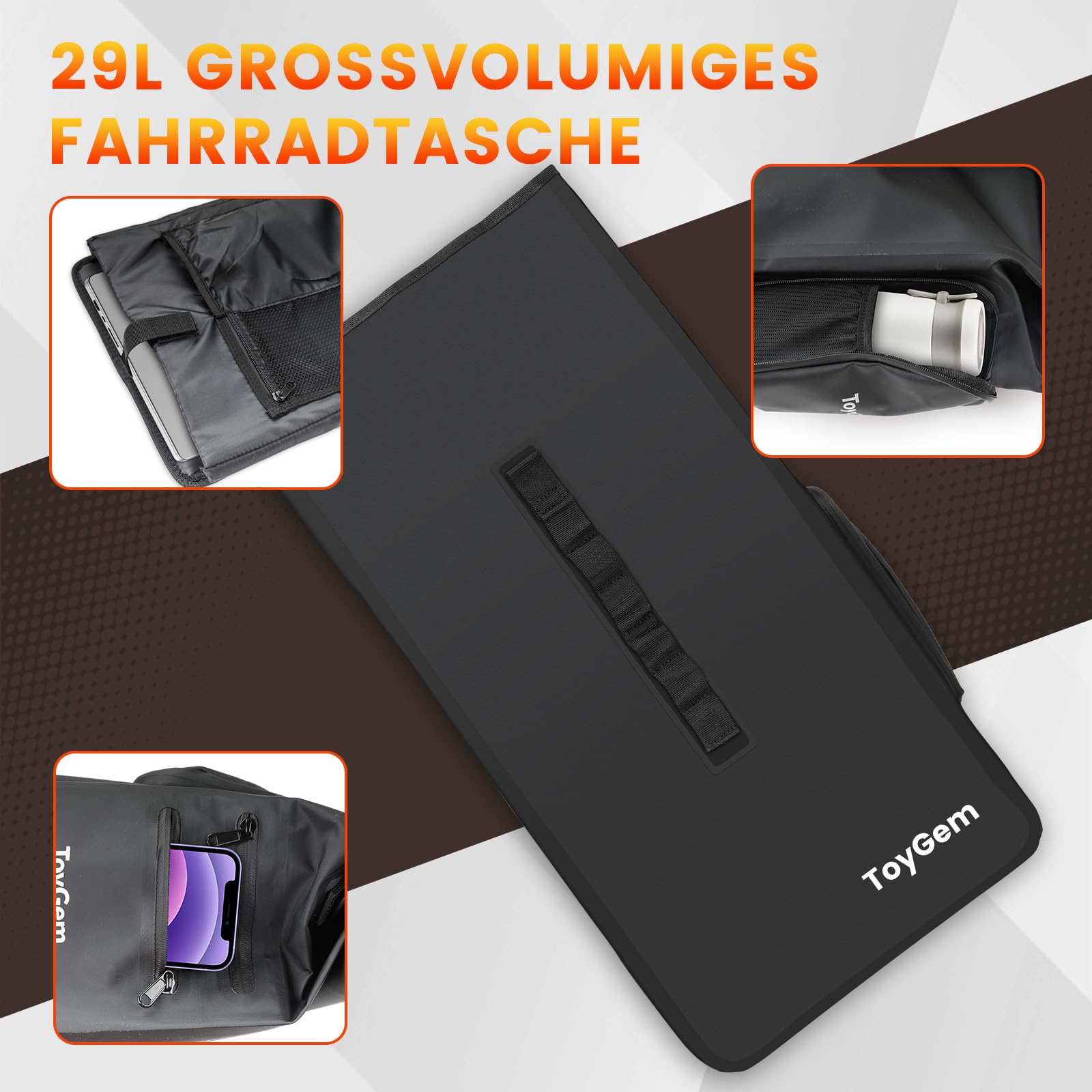 Fahrradtasche für Gepäckträger 29L, 3-in-1 Fahrradtaschen Wasserdicht als Rucksack & Umhängetasche, Gepäckträgertasche mit Laptopfach und Reflektoren