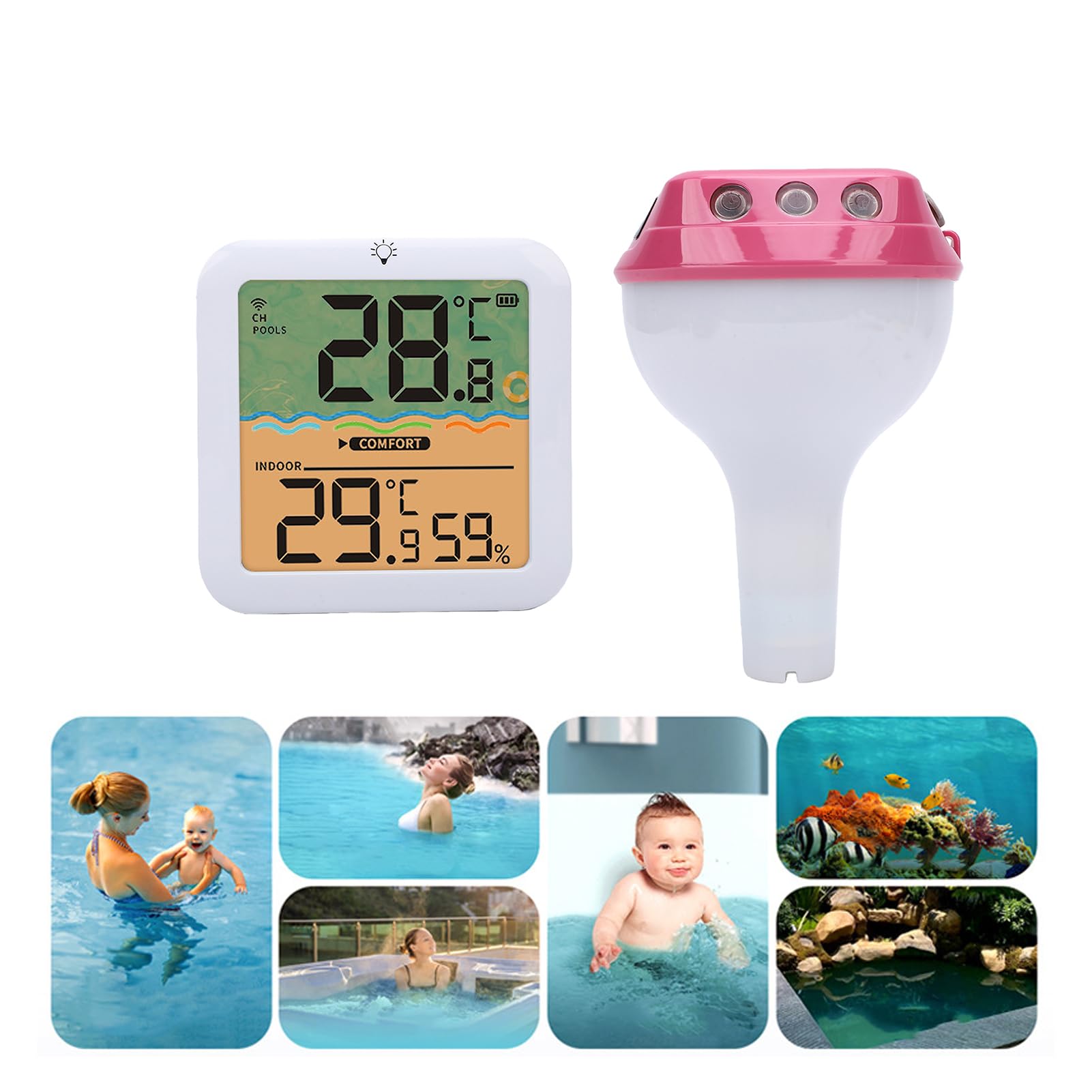 Bewinner Termómetro de Piscina Flotante con Energía Solar con Luz RGB, Termómetro Digital Solar Inalámbrico IP68 de Alcance de 328 Pies, Pantalla de Humedad Interior para Usuarios de (rojo)