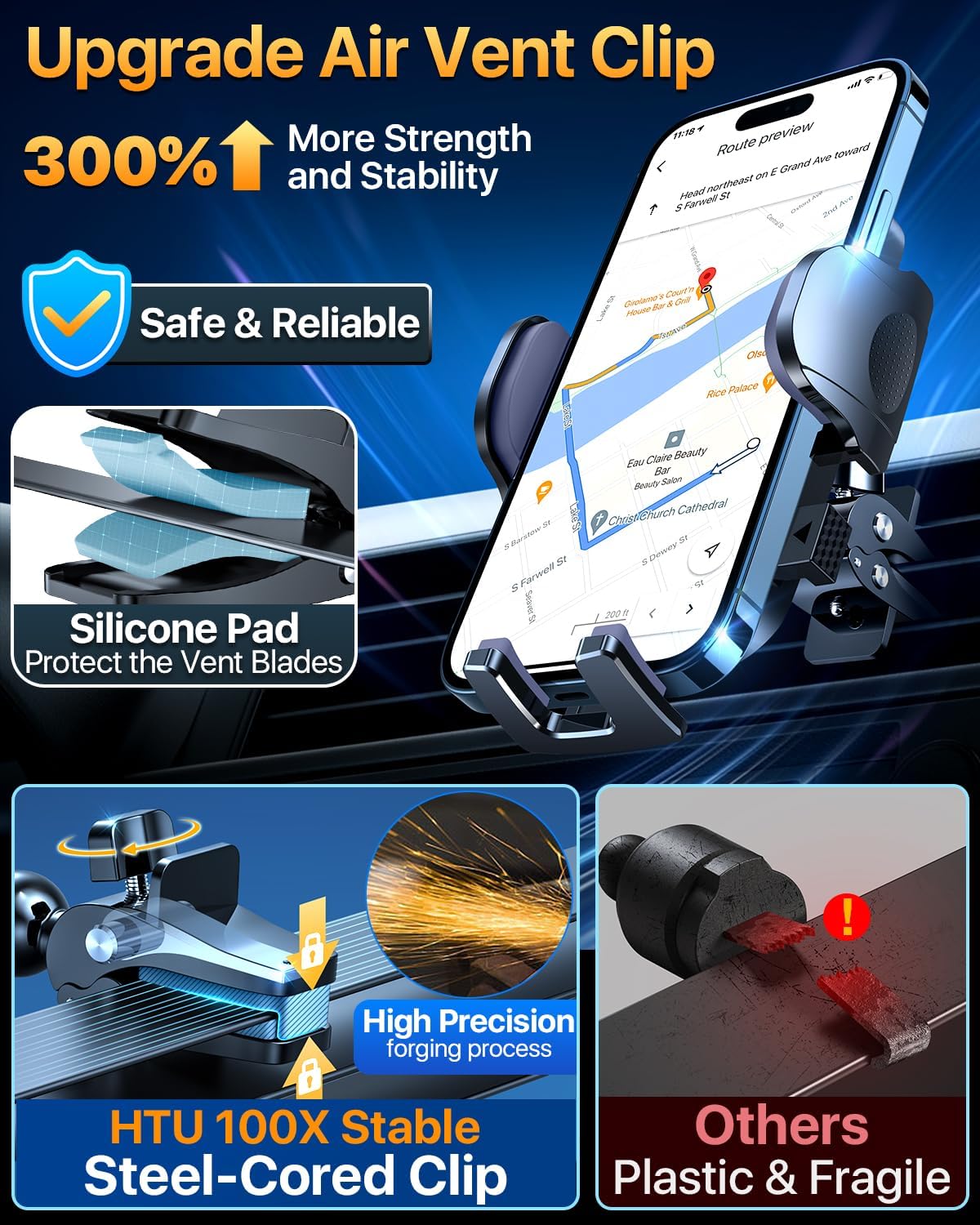HTU Soporte universal manos libres para teléfono móvil para coche, parabrisas, rejillas de ventilación, soporte para iPhone, Samsung, todos los teléfonos y coches