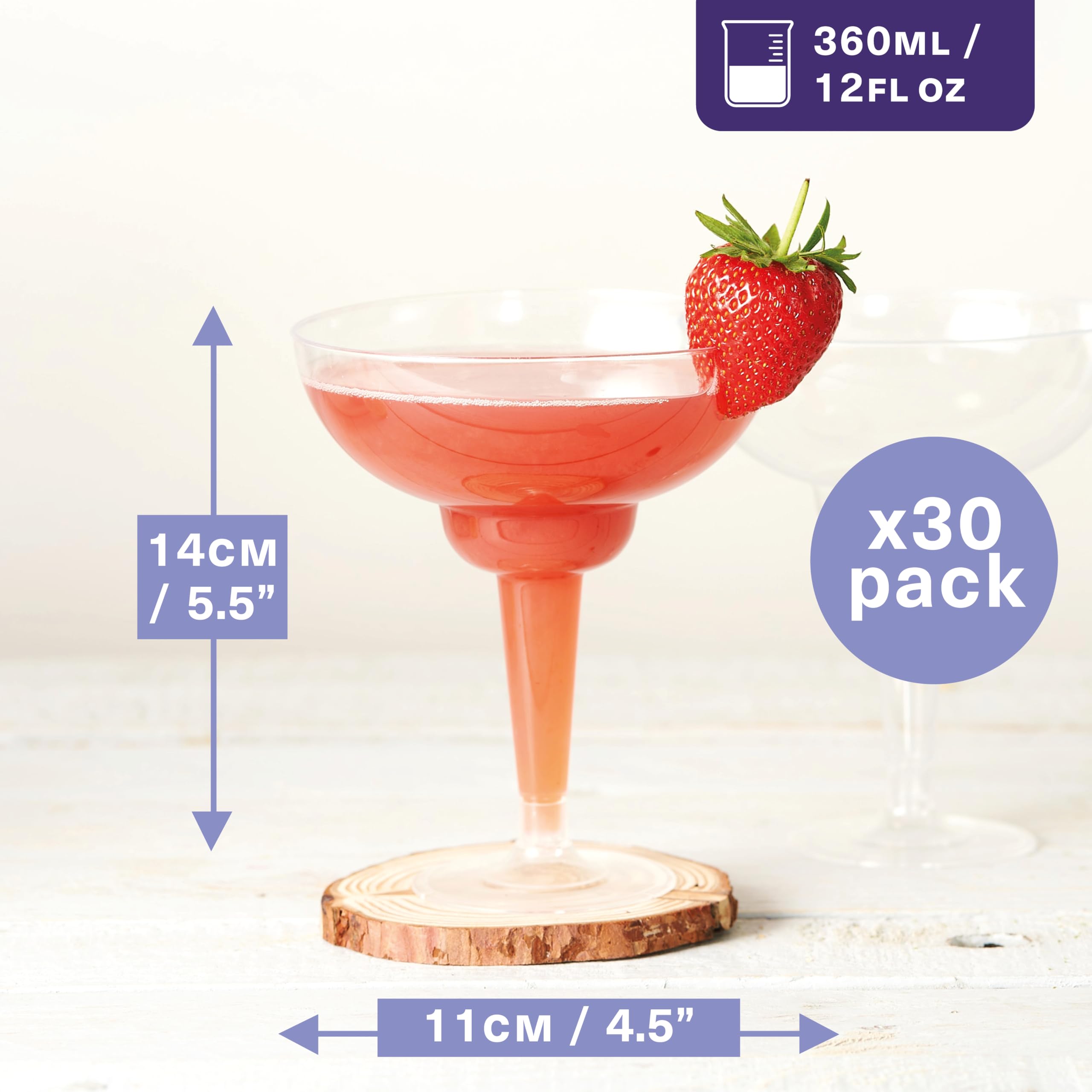 MATANA 30 Verres à Margarita Élégants en Plastique Transparent pour Cocktails et Desserts, 360ml - Verres à Cocktail Solides et Réutilisables pour Fêtes, Mariages, Anniversaires