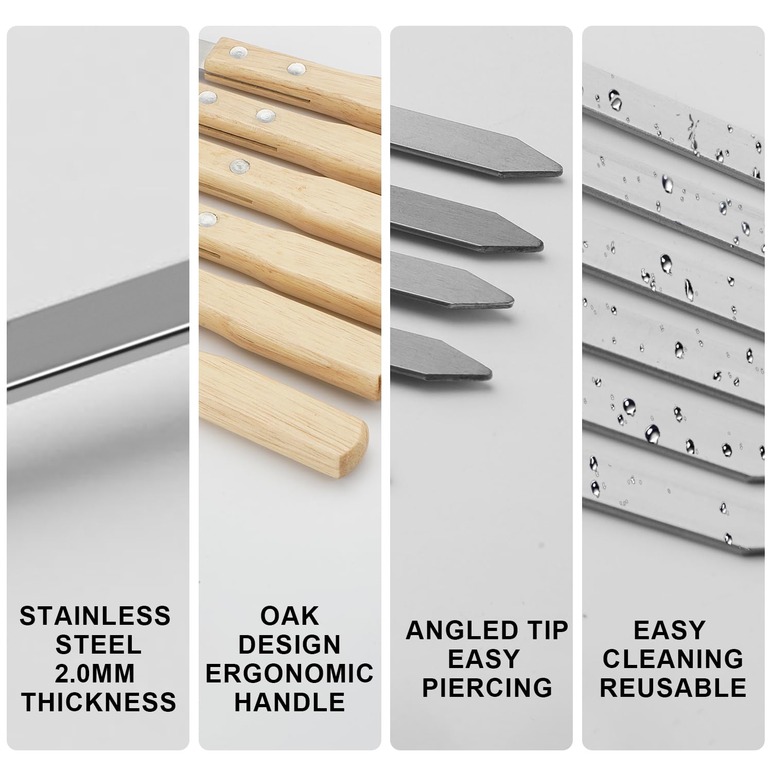 SHIKORI Pinchos de Kabob, pinchos para barbacoa, palos de acero inoxidable, 23 pulgadas, resistentes, grandes, anchos, reutilizables, con madera antideslizante, 12 piezas