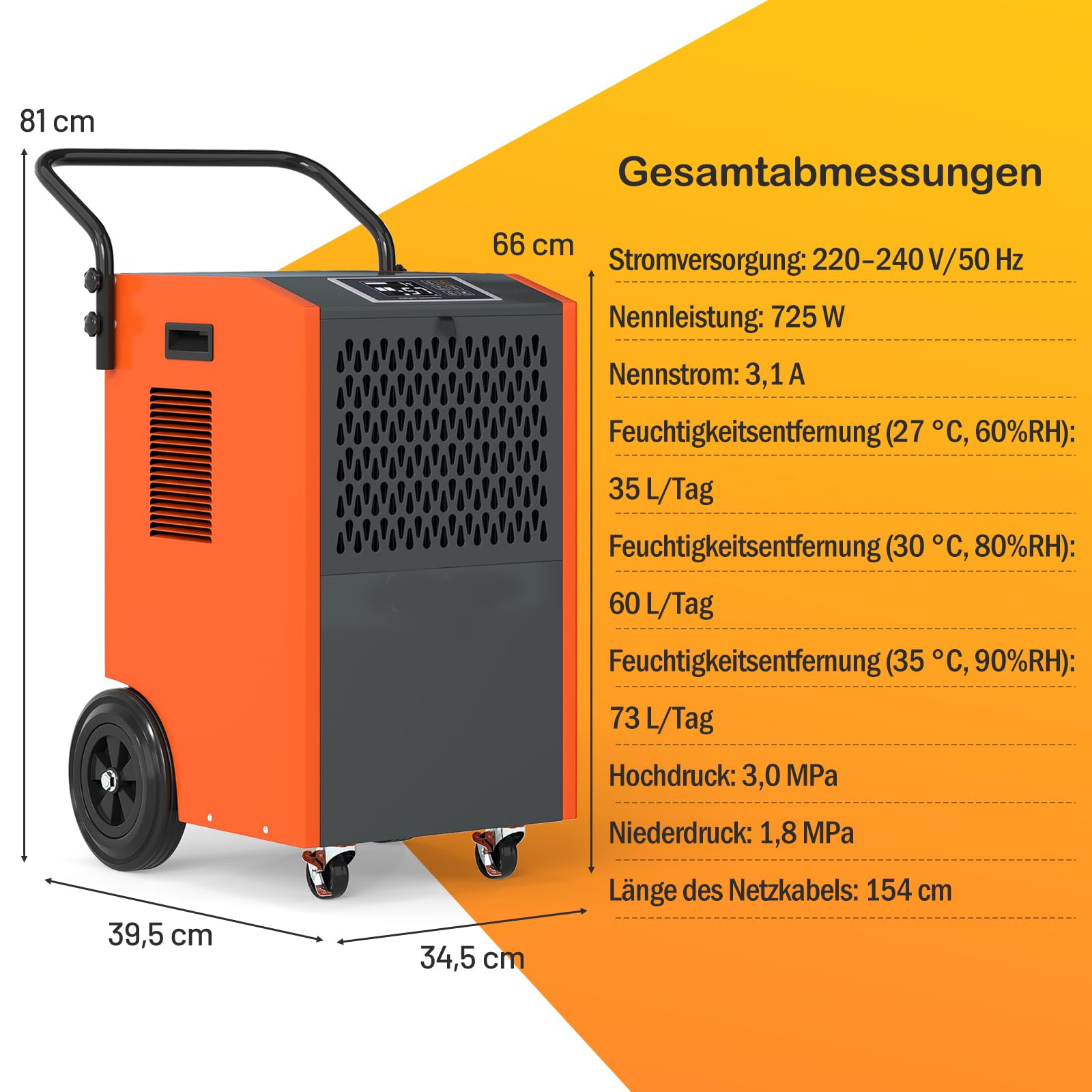 GOPLUS Osuszacz powietrza 73 l/dzień, osuszacz powietrza z timerem 24 h, automatyczne rozmrażanie i opróżnianie, komercyjny osuszacz z rolkami, osuszacz do garażu, fabryk i piwnic (pomarańczowy)